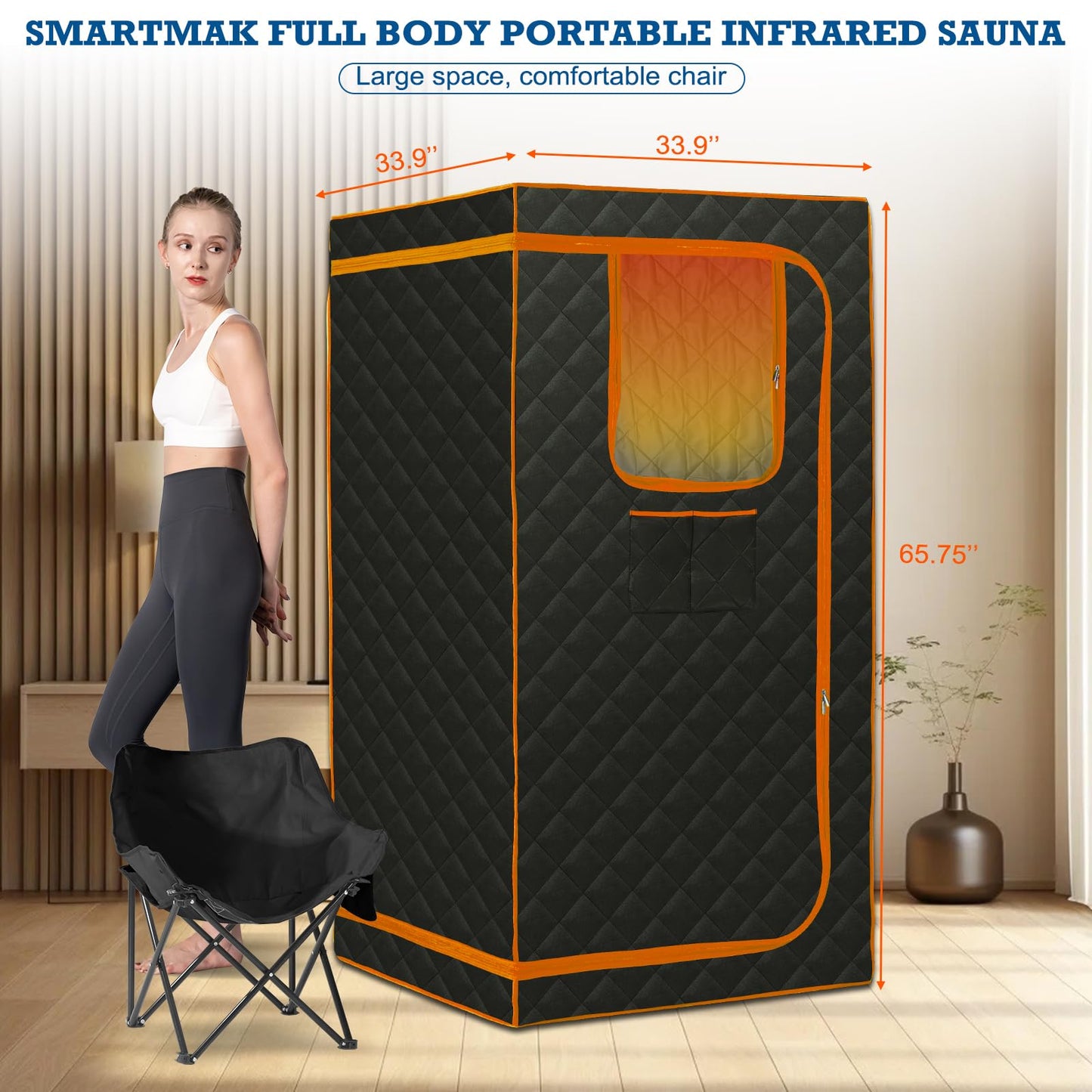 Smartmak Portable Infrared Sauna,1 Person Infrared Sauna Box with 660nm Red Light Therapy, Full Size Sauna Tent for Home, Foot Heating Pad, Folding Chair (Orange-1Person)