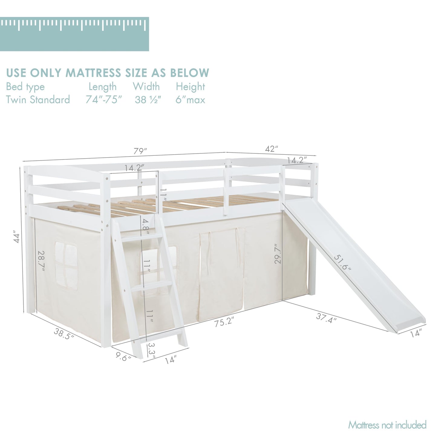Spirich Kids Loft Bed with Slide and Ladder, Solid Wood Twin Loft Bed Frames with Curtains, Low Loft Bed with Bed Tent, No Box Spring Needed, White