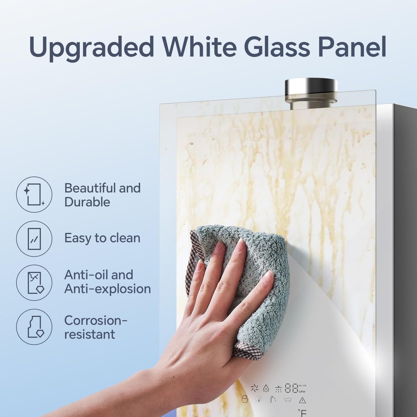 GEN II Ranein Natural Gas Tankless Water Heater, 3.17 GPM, 78,500 BTU Glass Panel Design Indoor On Demand Instant Hot Water Heater with LED Temperature Control Panel