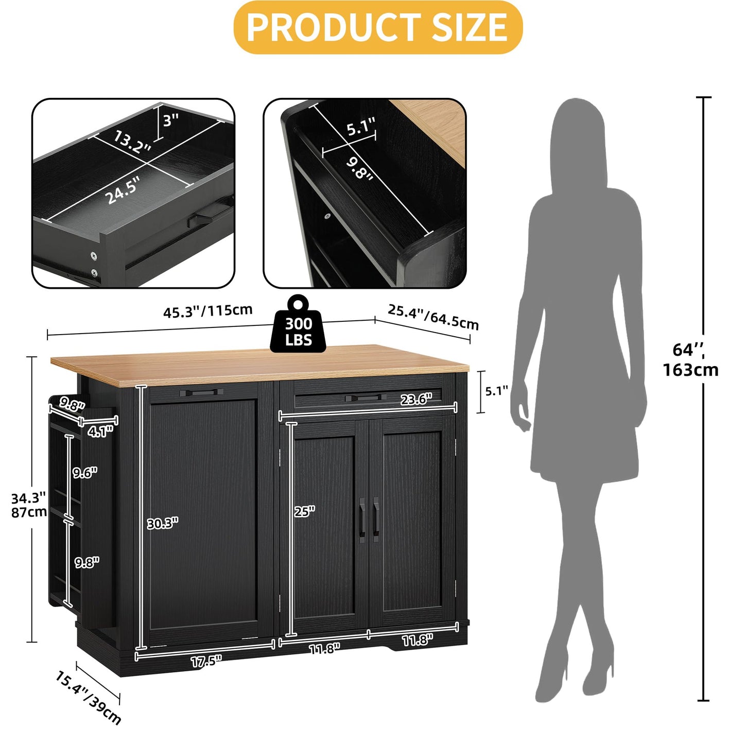 DWVO Tilt-Out Kitchen Trash Cans Cabinet, 50 Inch Rolling Kitchen Island with Drop Leaf, Portable Mobile Storage Island, Hidden Waste Bins Cabinet for 13 Gallon Garbage Bin, Black