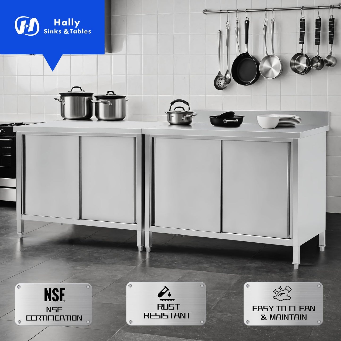 Hally Stainless Steel Cabinet, 24" x 48" NSF Commercial Heavy Duty Prep Workbench with Two Sliding Doors, Large Storage Cabinet, Metal Table for Kitchen, Restaurant, Garage