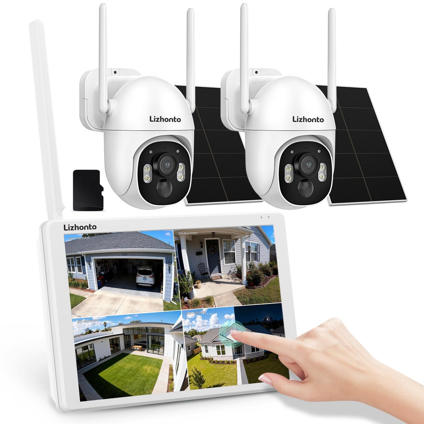 Lizhonto 4MP Solar Wireless Security Camera System with Touch Monitor, Outdoor Home Surveillance NVR Kit, 2 Cameras Expandable to 10CH, 64GB, Color Night Vision, Motion Detection, No Monthly Fee