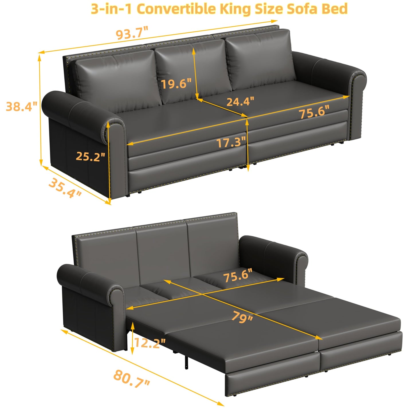 KEIKI 94" Upholstered Faux Leather Chesterfield Sofa with Rolled Arms, 3-in-1 Convertible Sleeper Sofa Bed for Living Room, Bedroom, Office, King Size Pull Out Bed, Charcoal Gray