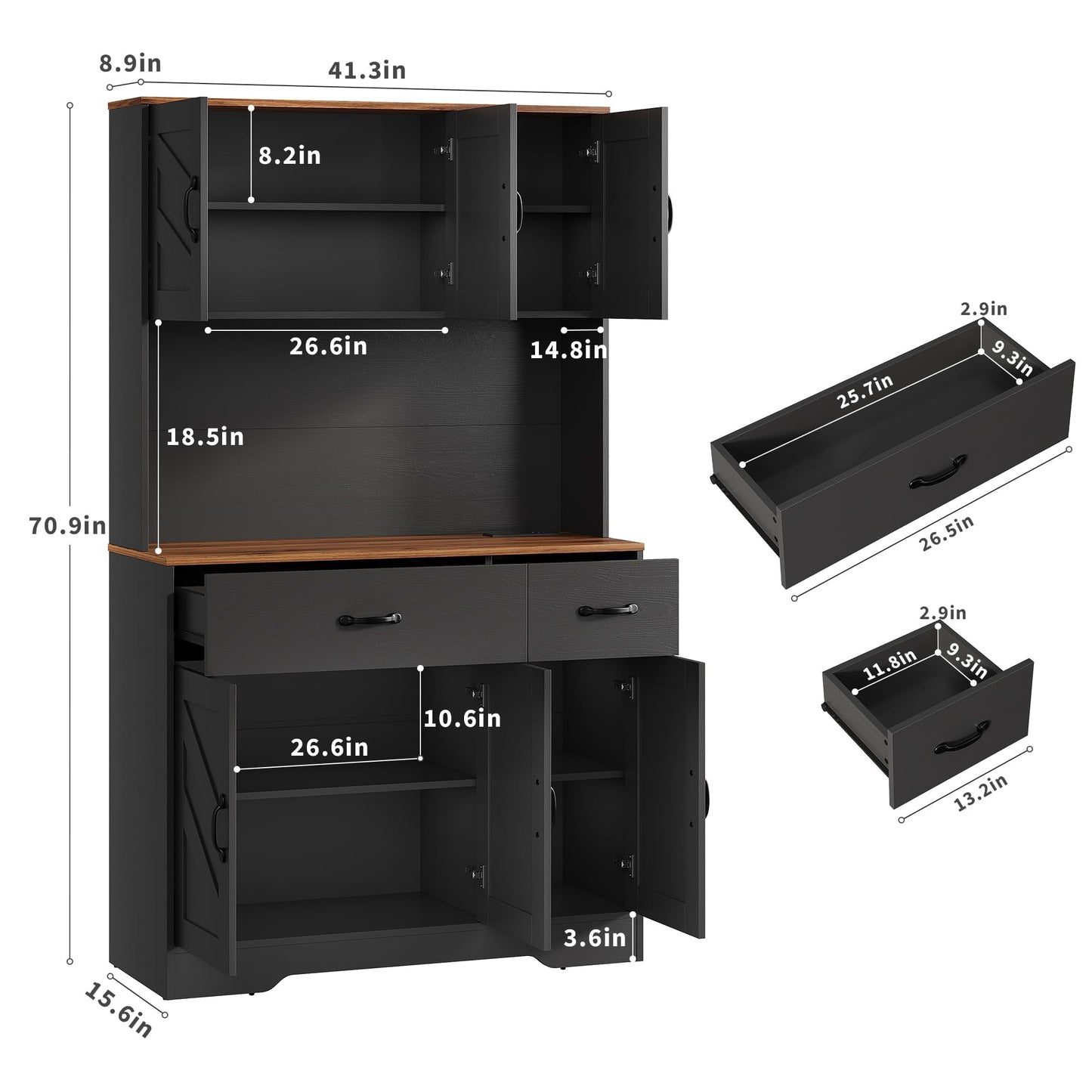 GarveeHome 71" Pantry Cabinet with Charging Station, Tall Kitchen Pantry Storage Cabinet with Microwave Stand, Farmhouse Kitchen Hutch with Countertop & 2 Drawers for Living Room, Dining Room, Black