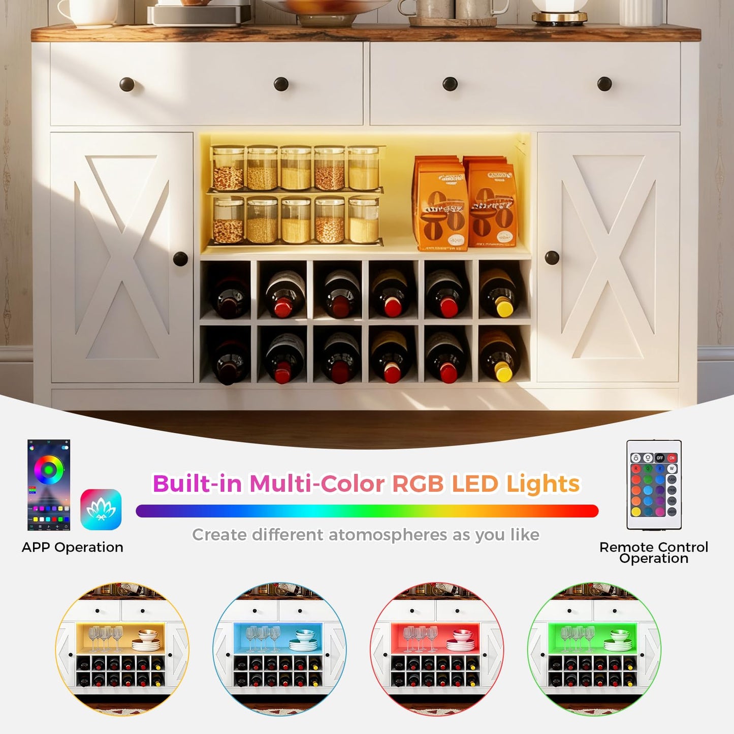 COMHOMA Coffee Bar Cabinet with LED Lights, 55.1 inch Wine Bar Cabinet with Charging Station, Sideboard Buffet Cabinet with Storage for Home Living Room (White)