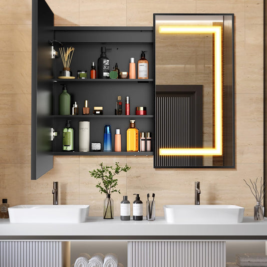 APRILSOUL 36x30 Inch Lighted Bathroom Medicine Cabinet with Mirror, Black Recessed or Surface Mount Medicine Cabinet Mirror with Storage and LED Lights, 3 Colors Temperature, Dimmable Light