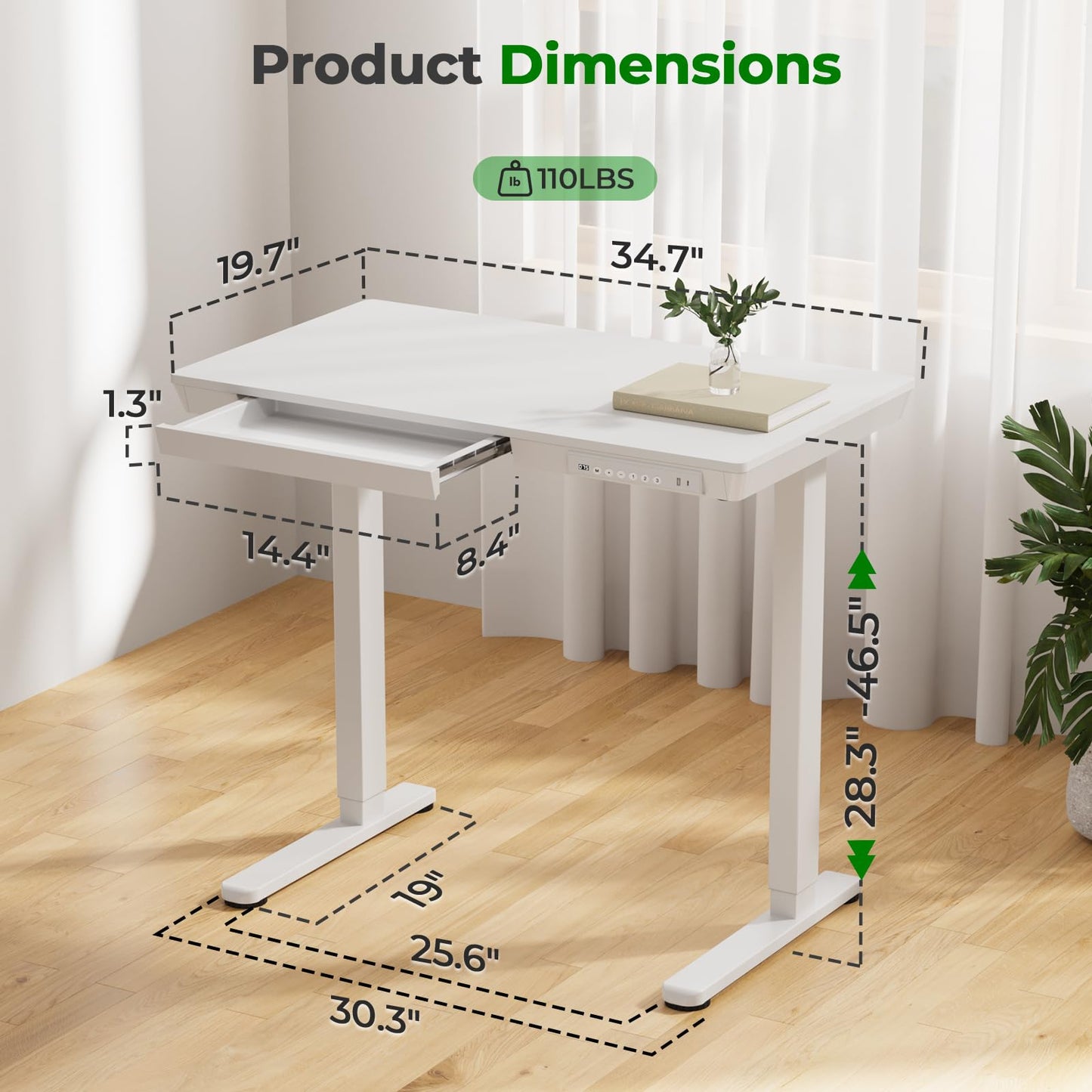 JYLH JOYSEEKER Electric Standing Desk with Drawer, 35" x 20" Whole Piece Tabletop Small Sit Stand Desk, Height Adjustable Desk with Storage & USB Ports, Quick Install Home Office Computer Desk, White