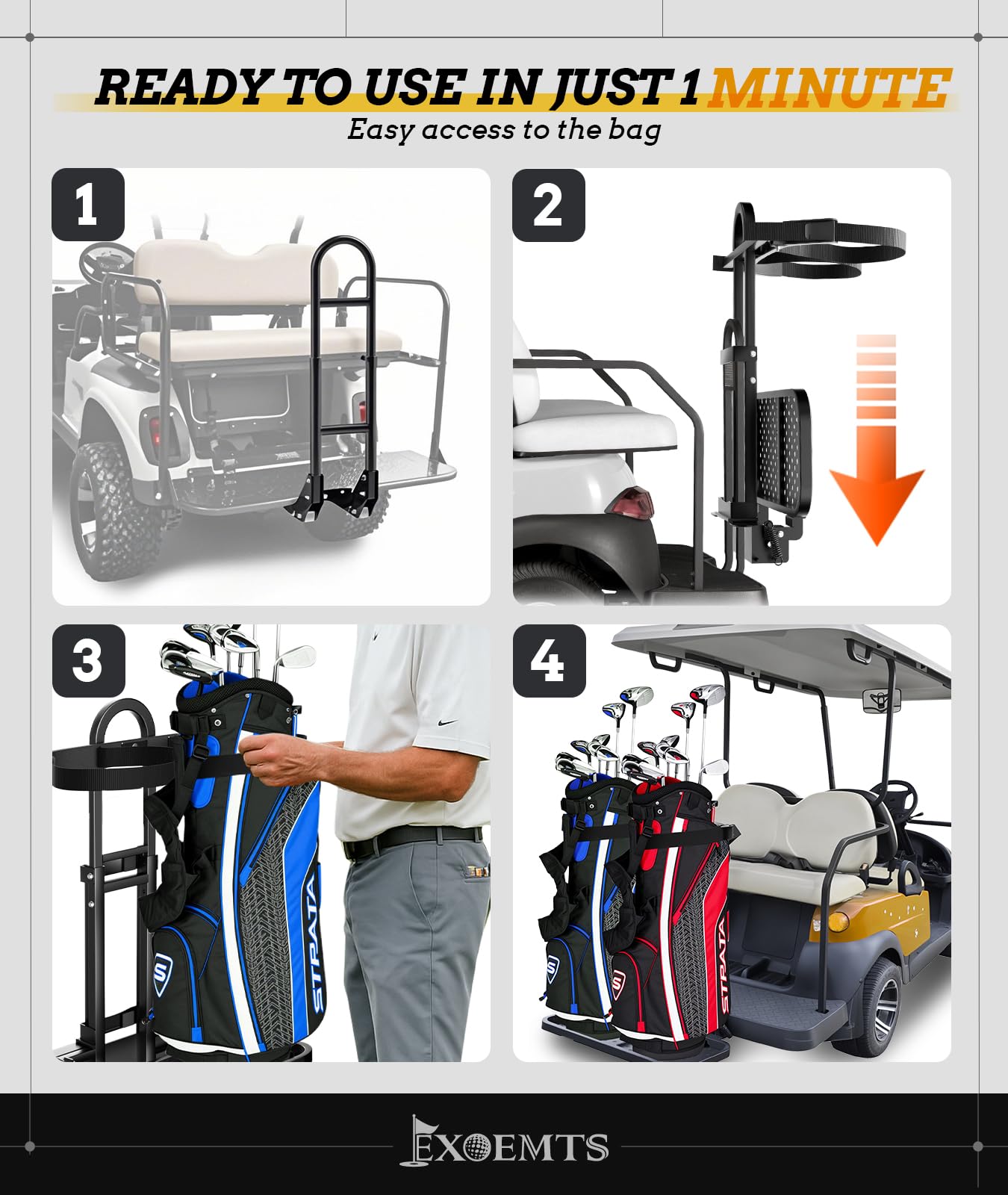 EXOEMTS Foldable Golf Cart Rear Seat Bag Holder, Upgraded Golf Cart Rear Seat Bag Rack ONLY FITS 8-Inch Max Width Grab Bar, for 4-Seater EZGO Club Car Yamaha, Preinstalled, Space-Saving, No-Drill
