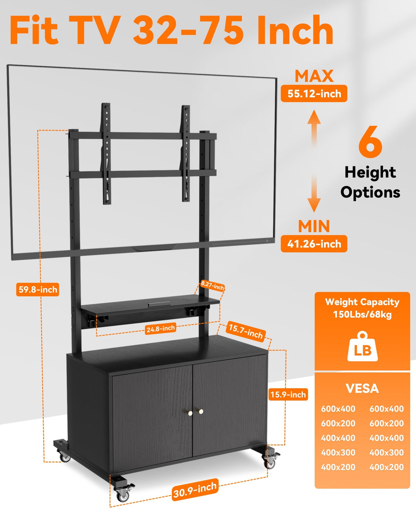 Rolling TV Stand with TV Mount,TV Floor Stand with Storage Cabinet for 32-75in Screen,Mobile TV Stand on Wheels with Foldable Table,Height Adjustable,Entertainment Center for Outdoor and Living Room