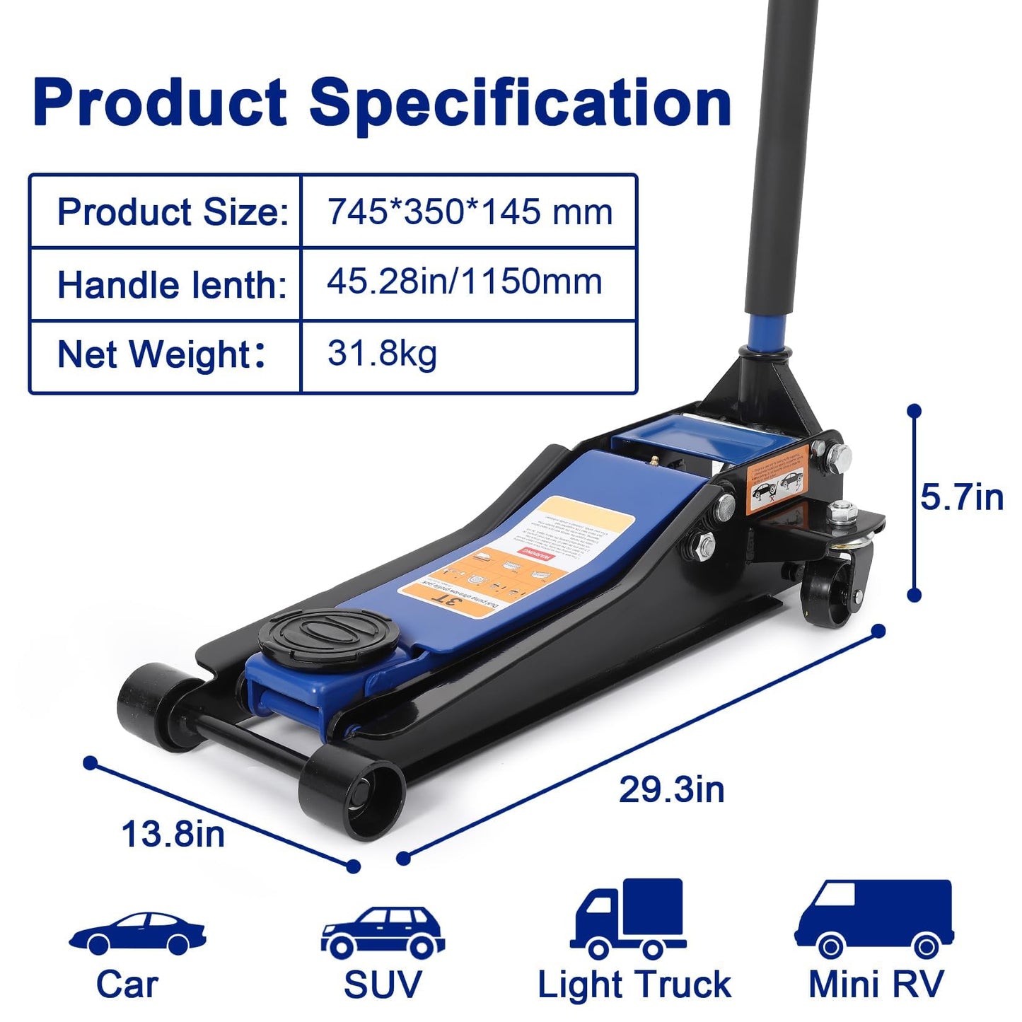 GarveeTech 3 T Low Profile Floor Jack, Professional Low Profile Hydraulic Jack, Heavy Duty Steel Racing Floor Jack with Dual Piston Quick Lift Pump,Lift Range 3 in-19.5 in,Hydraulic Car Jack, Blue