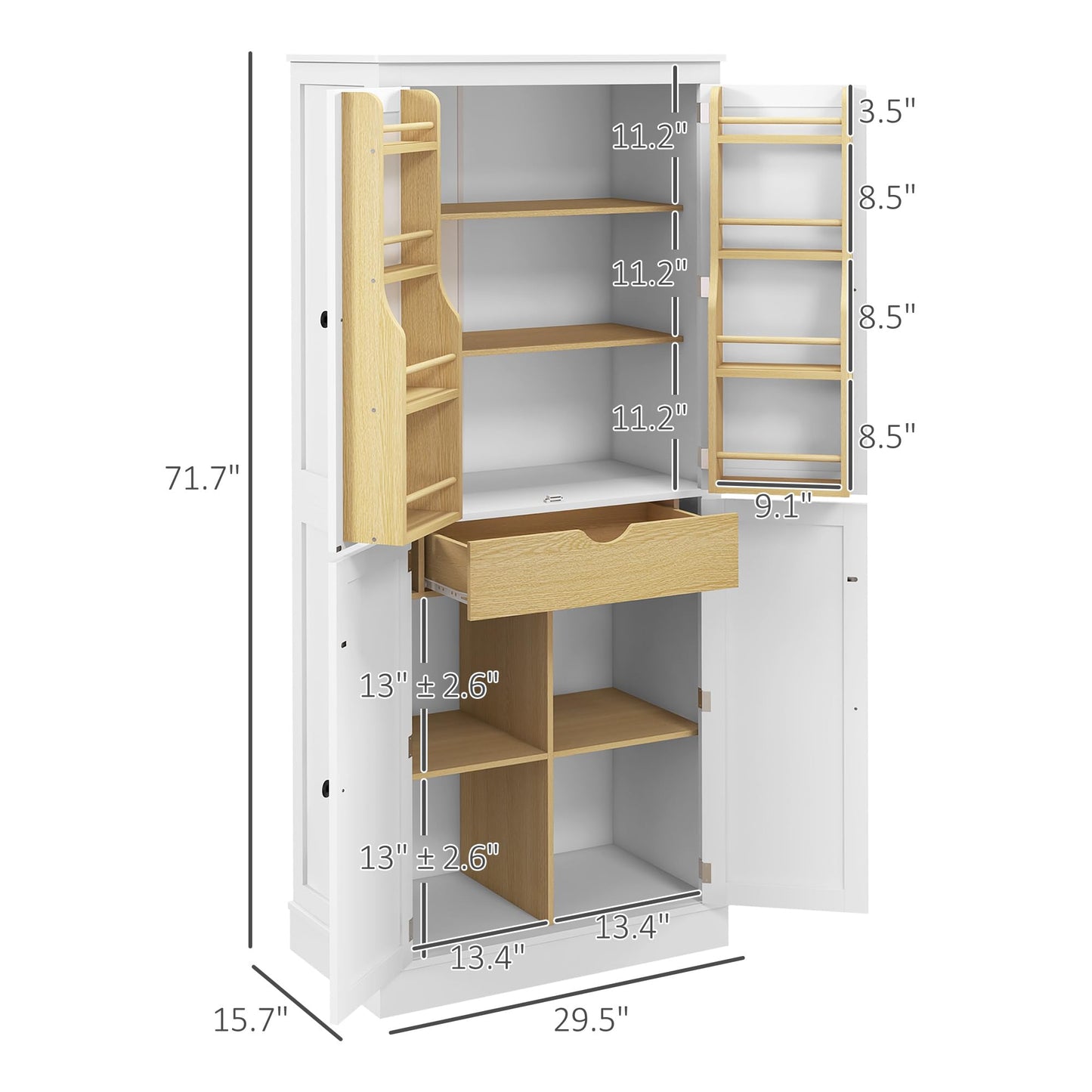 HOMCOM 72" Kitchen Pantry, Modern 4-Door Kitchen Storage Cabinet with Inside Drawer, Hanging Door Shelves, 5-Tier Shelving and Adjustable Shelf, White