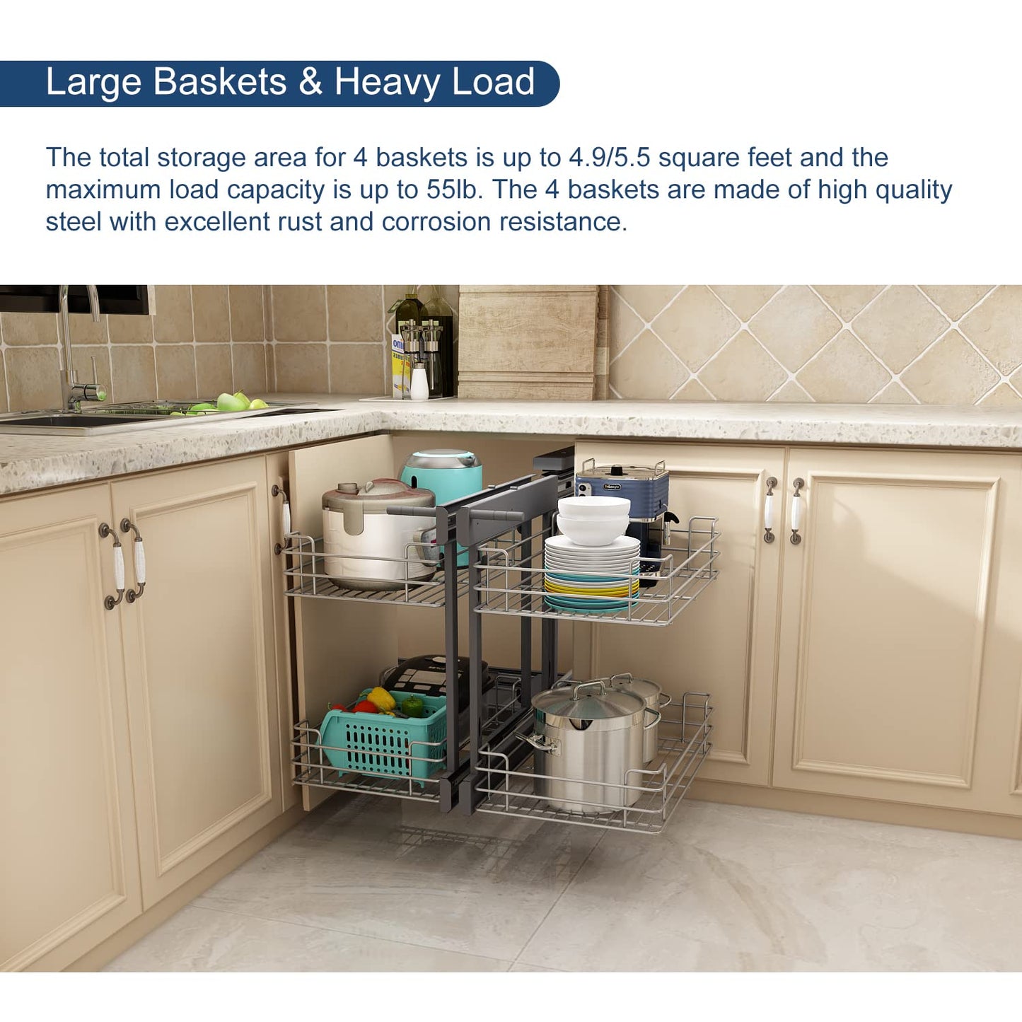 VADANIA Blind Corner Pull Out Organizer for 36" Cabinet, Left Open & Right Open Compatible, Min Opening 15", 2-tier Pull-out Basket, Soft Close, Bottom Mount