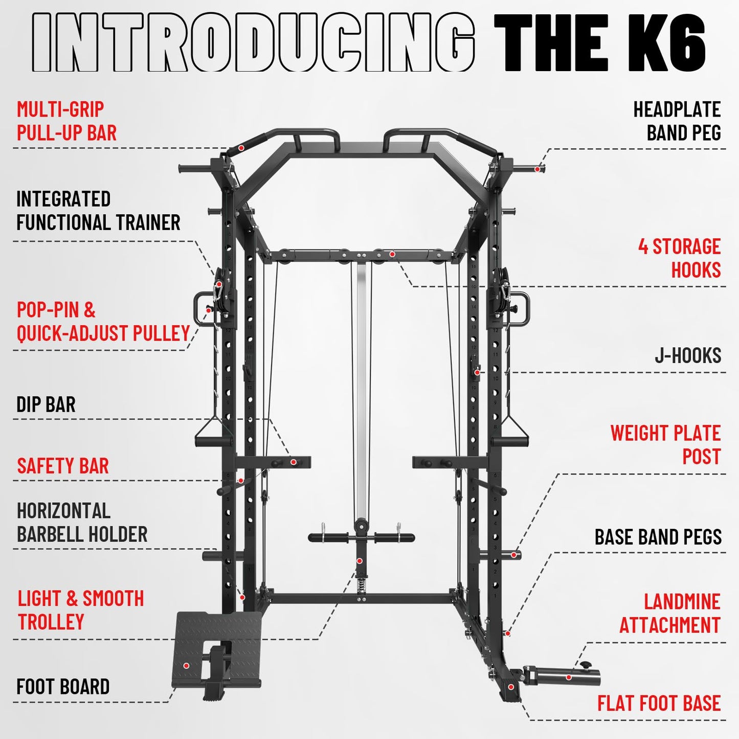 Mikolo K6 Power Cage, Power Rack with Cable Crossover System, Home Gym Packages with Weight Bench, Olympic Barbell, 230b Rubber Weight Set-Black