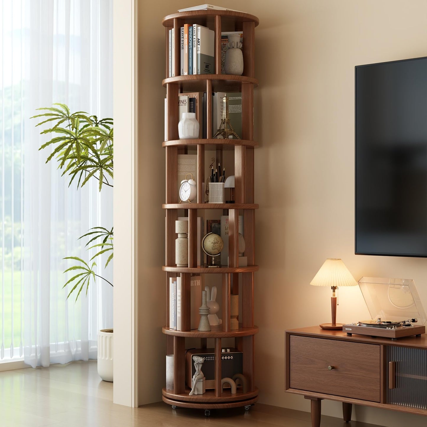Muwuele 6 Tier Rotating Bookshelf Tower, Solid Wood Bookshelf on Wheels, Circular Book Shelf Rotating, Revolving Bookcase for Small Spaces, Corner Book Case, Spinning Book Shelf for Bedroom, Walnut