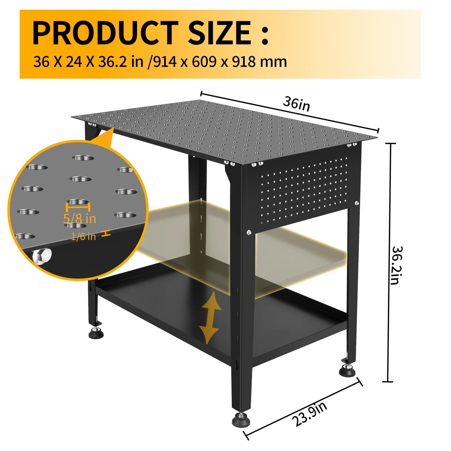 Cxforste Steel Welding Table 800 Lbs Load Capacity, 36" x 24" Welding Table Heavy-Duty Top with 5/8" Fixture Holes, Metal Work Table with Storage Board Black