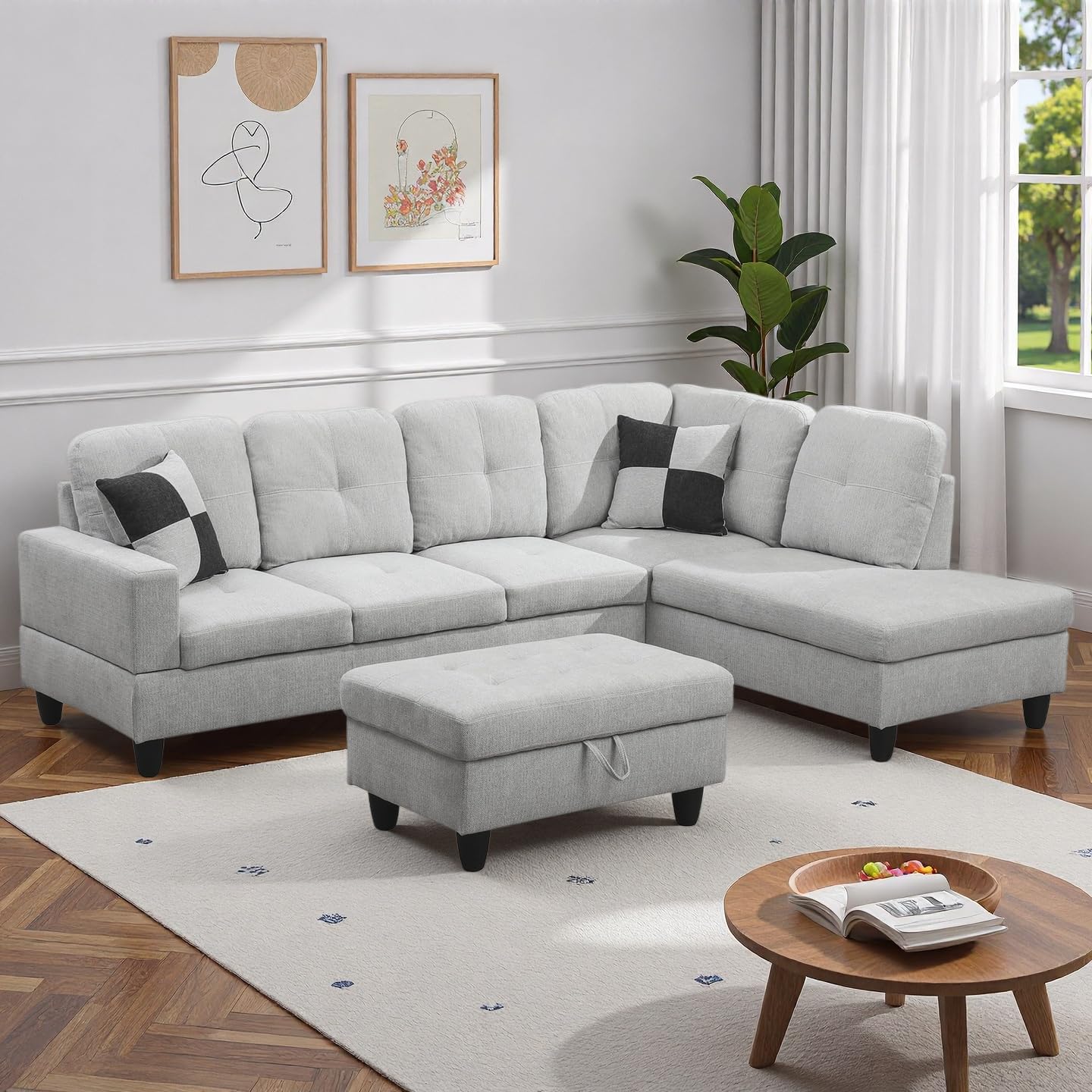 NicBex Sectional Couch 3 Pieces Sofa Set, L-Shaped Modular Couches for Living Room, Furniture Sets with Lounge Chaise & Storage Ottoman, Multi-Scene Use for Apartment & Office, Light Gray