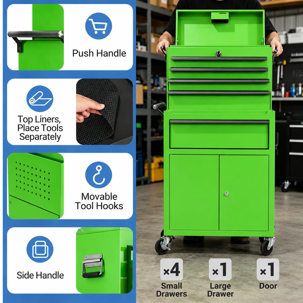 Garvee Large Capacity 20-Inch 5-Drawer Rolling Tool Chest & Cabinet - 2-in-1 Detachable Metal Organizer with Lockable Wheels, Lock Bar, Tool Rack & Liner for Garage & Workshop - Green
