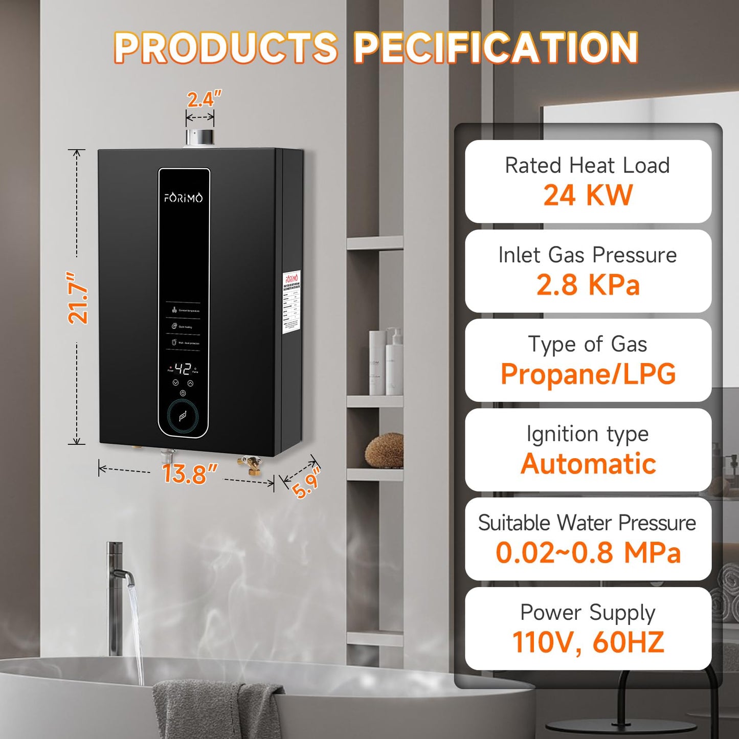 Propane Tankless Water Heater, 4.74 GPM 18L Indoor,Constant propane water heater,Instant Hot Propane Gas Water Heater with Fahrenheit Digital Display,Multi-Protection