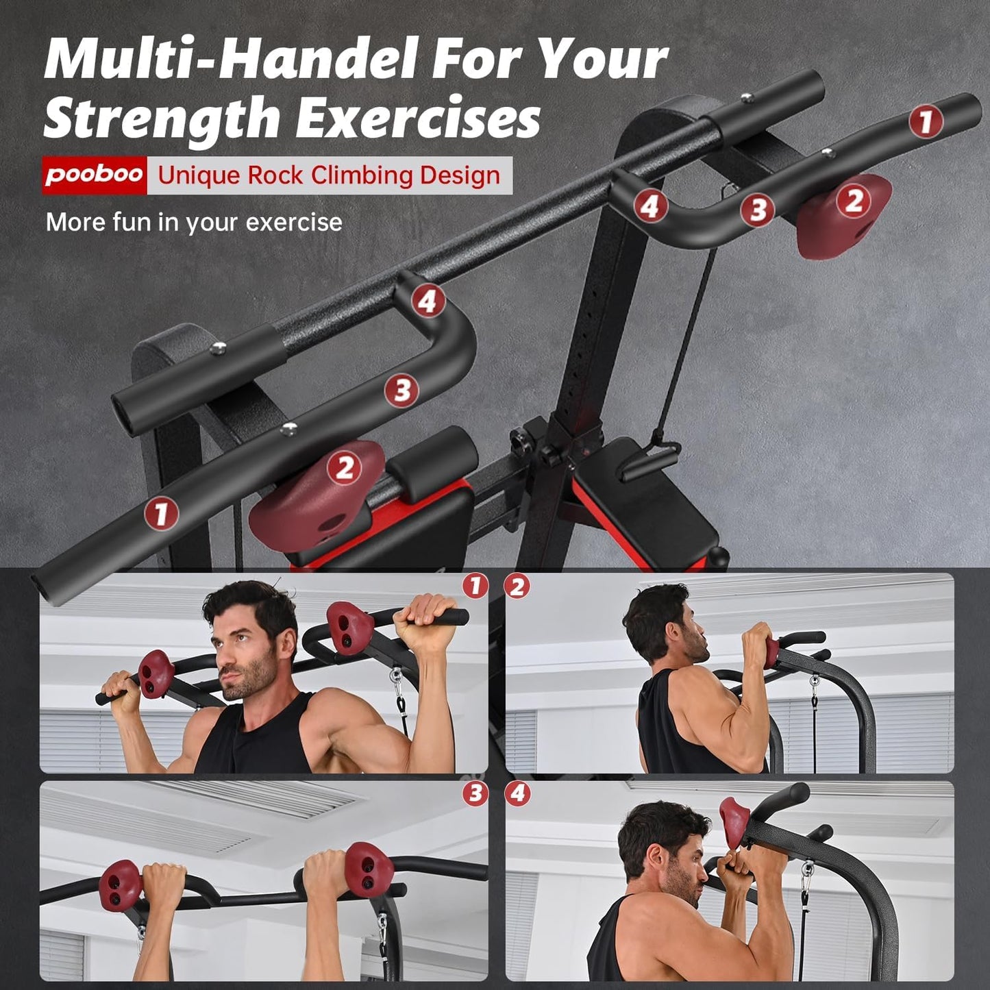 Power Tower Dip Station Pull Up Bar for Fitness Home Gym Workout,Multi-Function Adjustable Height Fitness Strength Training Exercise Equipment,with Power Elastic Ropes