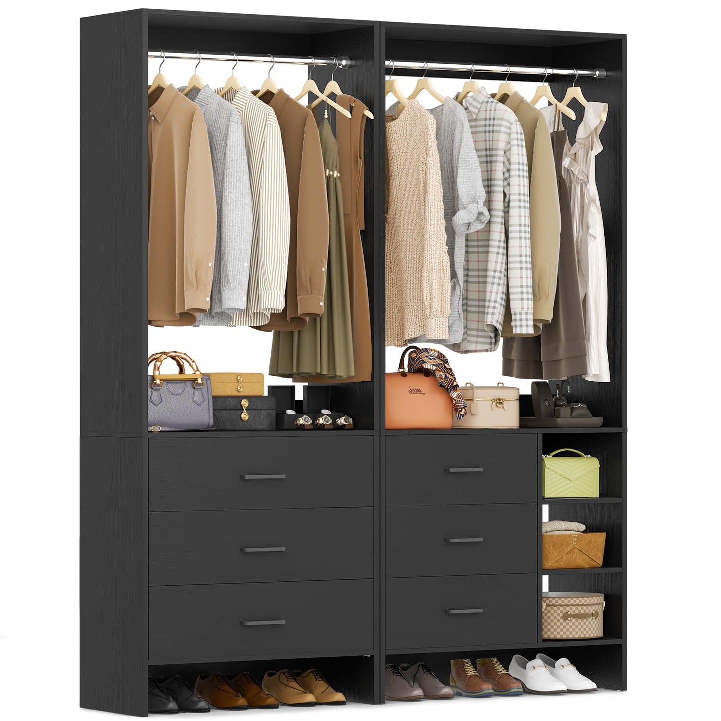Aheaplus Closet System with 6 Drawers, 4.5ft Wood Closet Organizer System, Walk-in Closet or Small Closets Wardrobe, Clothes Rack with Hanging Rods, Set of 2 Black