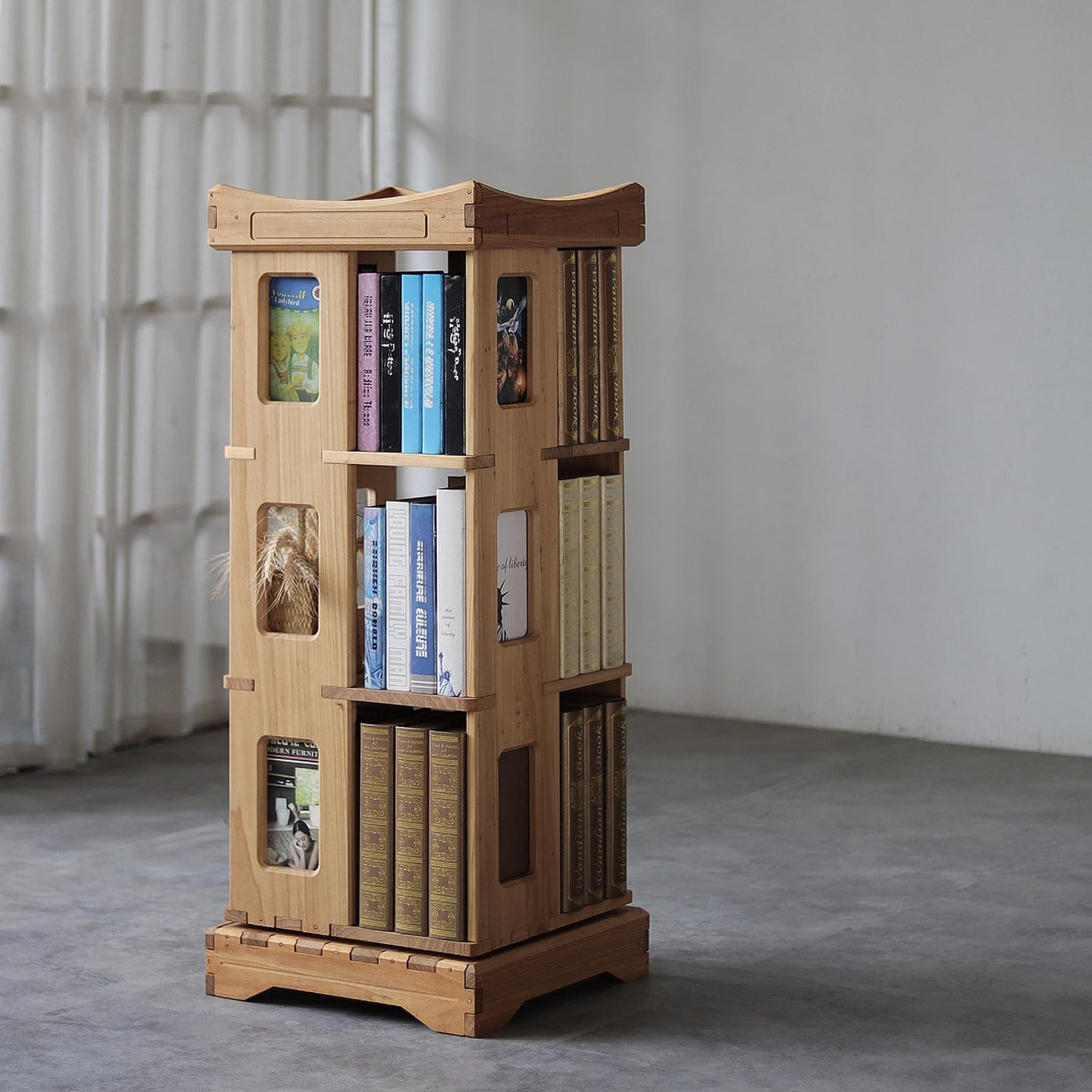 unununu Wooden Rotating Bookshelf, Larger Solid Wood Revolving Bookcase,360°Spinning Book Shelf Tower,Floor Standing Storage Rack,Corner Organizer for Small Space,Study,Office,17"x17"x44"(3-Tier)