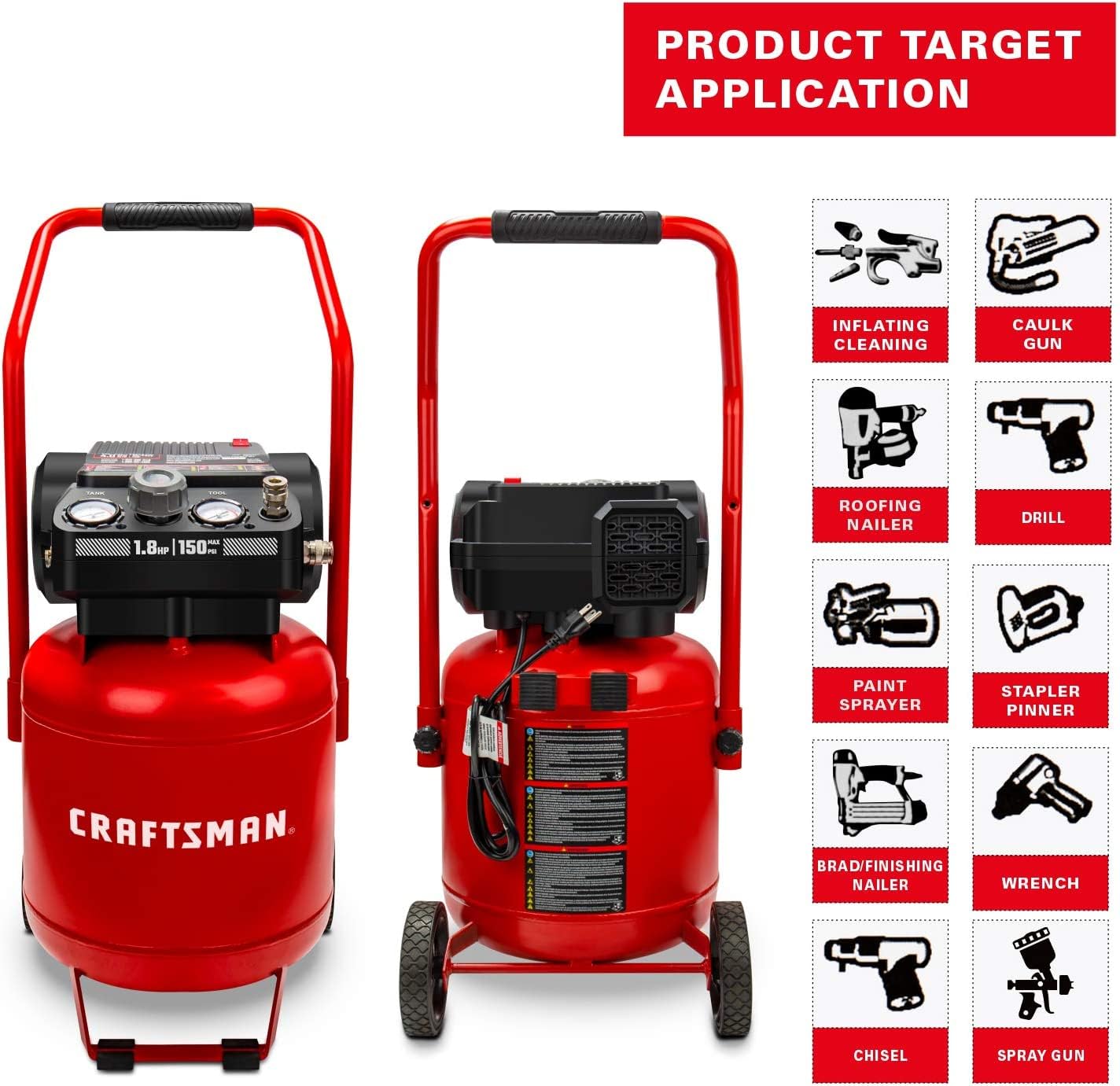 Craftsman Air Compressor 10 Gallon, Peak 1.8 HP, Max 150 PSI, 4.0CFM@90PSI, 5.0 CFM@40PSI, Oil-free, Portable Air Compressor with Wheel, 120V, Model: CMXECXA0331042