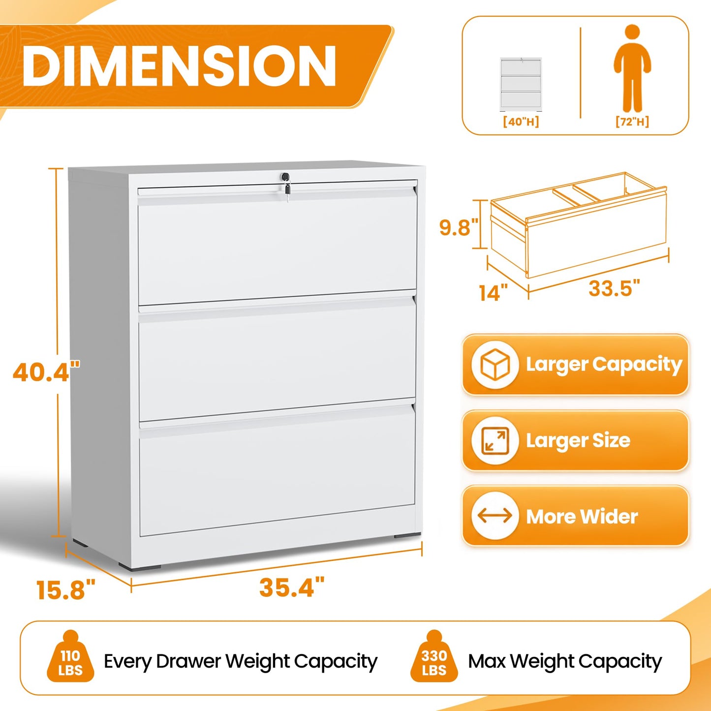 3 Drawer Lateral File Cabinet with Lock, Metal File Cabinets for Home Office, Office Furniture for Organization Hanging Legal/Letter/A4, Metal Filing Cabinet Storage Cabinet, Require Assembly, White