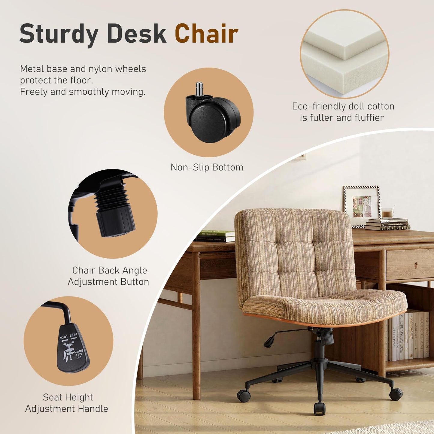 Furnimart Heavy-Duty Curved FSC Wood Desk Chair 360° Swivel, Premium Chenille Criss Cross Chair with Wheels Wide Seat, Comfy Armless Cross Legged Sitting for Bedroom, Office, Vanity (Light Brown)