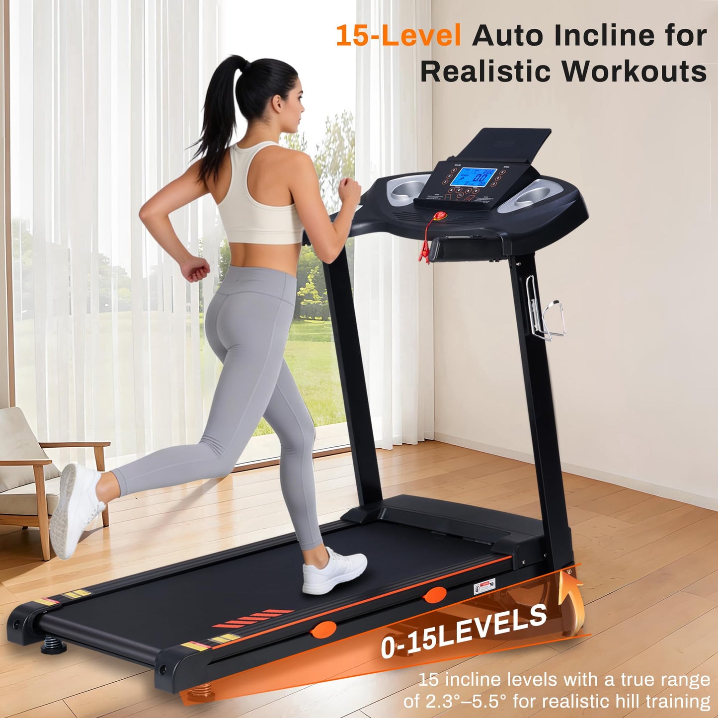 Treadmill for Home, 15-Level Auto Incline, 18" Wide Running Belt, 10 MPH