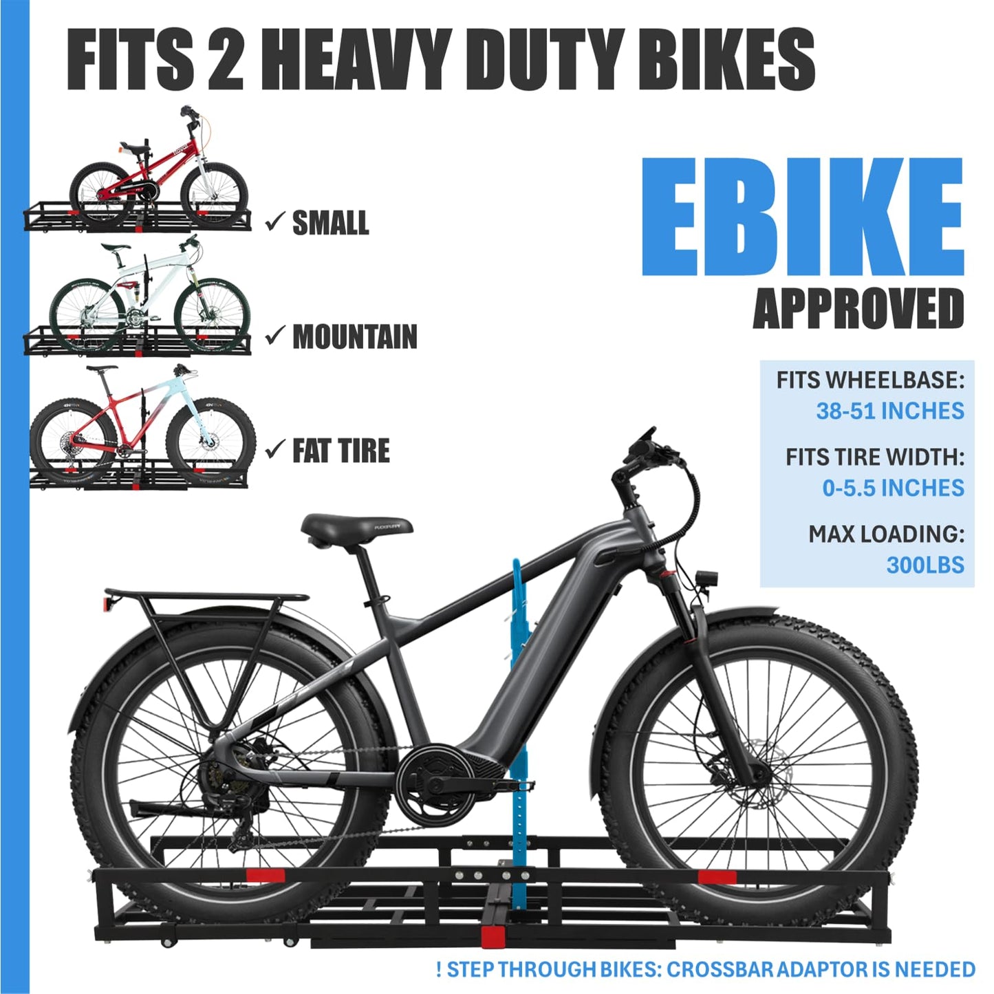 Hitch-Mount Bike Rack for Ebike Heavy-Duty - Comes with Cargo Carrier Fits 2 Electric Fat-Tire Mountain Bicycles Fits 2" Receiver for Car SUV Truck RV Minivan (Blue)