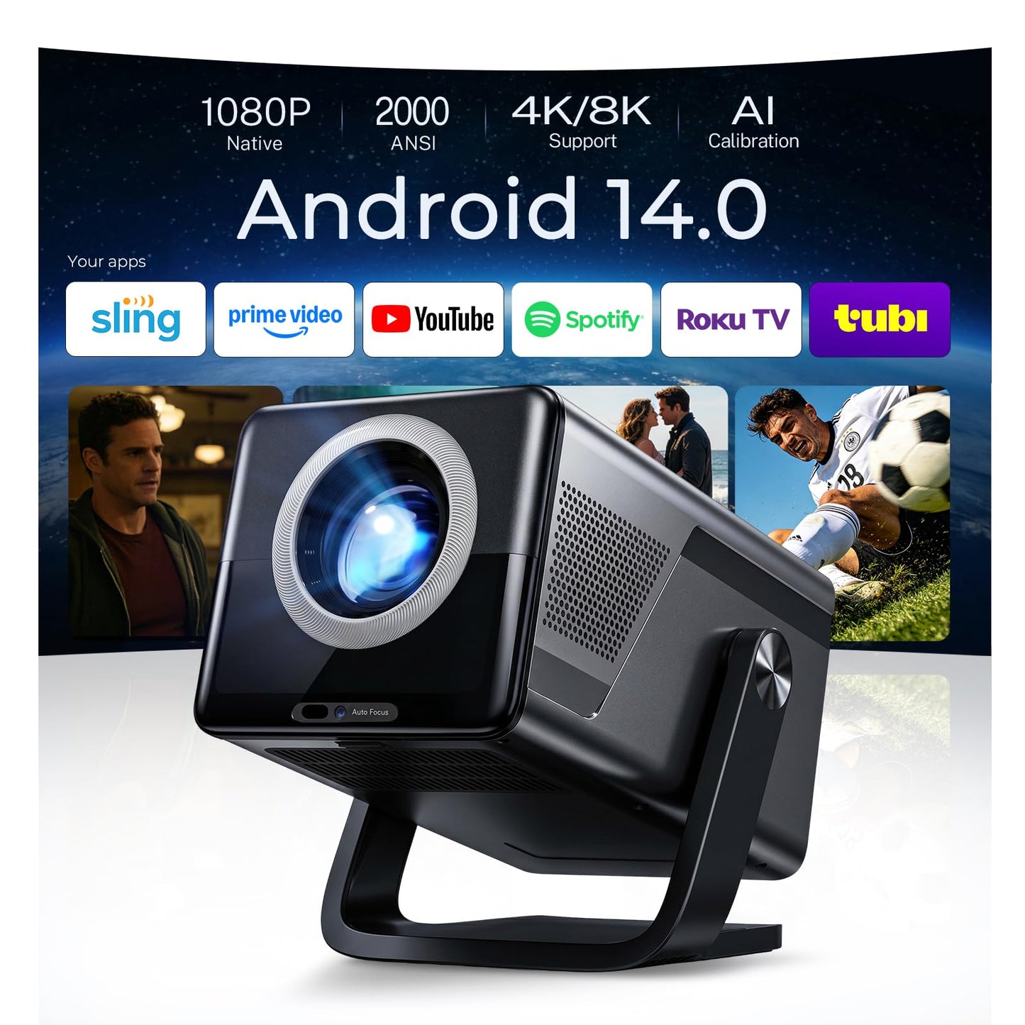 [2000 ANSI Daylight Visible] Native 1080P Smart Video Projector 4K 8K Input, Android 14 Projecteur Portatif with HiFi Sound, Auto Focus & Keystone, WiFi Bluetooth Home Theater for iPhone/Netflix X7