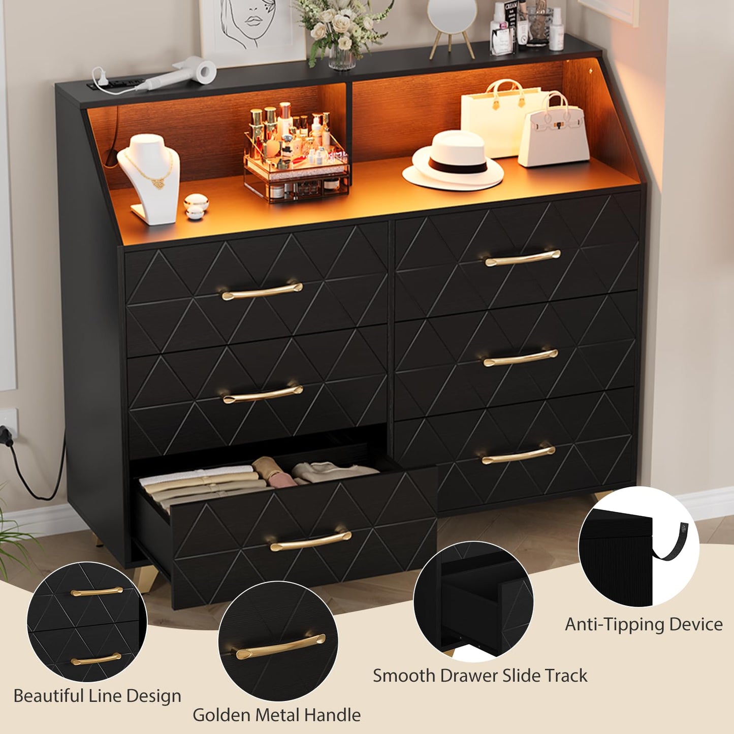 Garvee Modern Black 6 Drawer Dresser with LED Lights & Charging Station – Wide Wooden Entryway Storage Cabinet – Sturdy Metal Legs – TV Stand with Storage Shelf for Bedroom, Hallway – Black