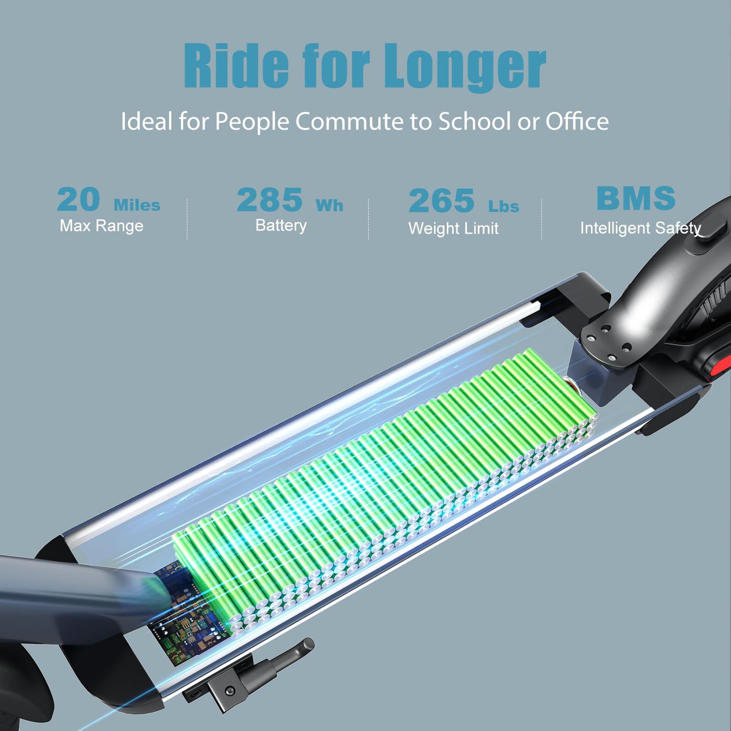 Caroma Adult Electric Scooter 350W, Max 20 Miles & 20 Mph, 9" Solid Tires Electric Scooters for Adults, Height Adjustable E Scooter, Foldable Commuting Scooter Electric, 265Lbs Load, Matte Blue