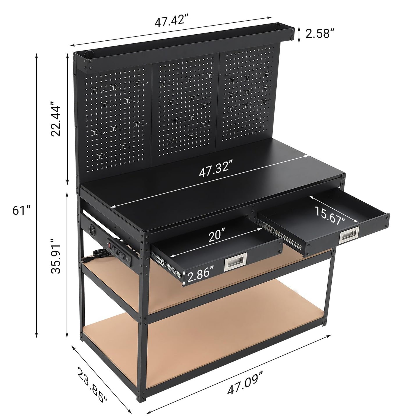 48" Workbench, 3-Tier Metal Work Benches for Garage, 1000 LBS Capacity Heavy Duty Table with 2 Drawers, Pegboard & ETL-Certified Power Outlets for Workshop, Home, Office