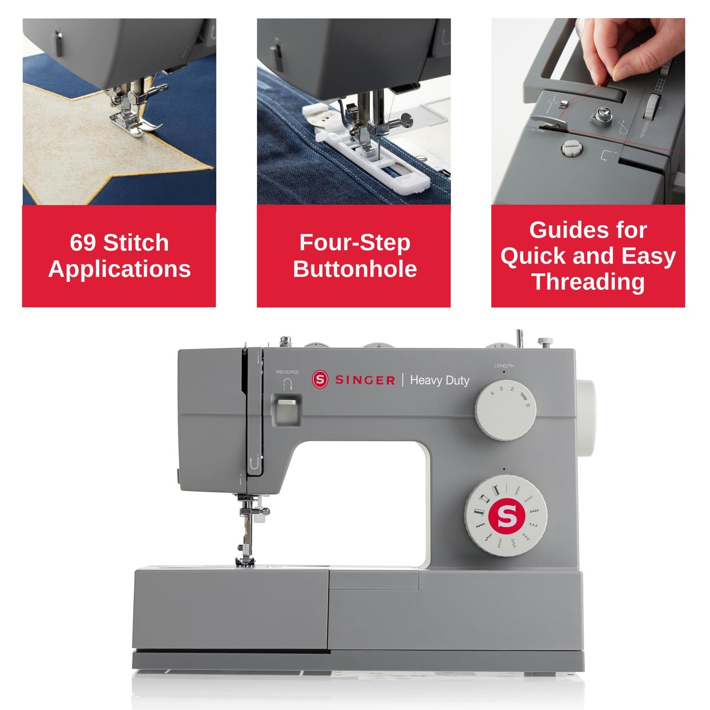SINGER® Heavy Duty 4411 (Grey) High Speed Sewing Machine + Accessories | 11 Built-In Stitches Deliver 69 Stitch Applications | 50% More Power, 1100 Stitches/Min | Metal Frame, 4-Step Buttonhole
