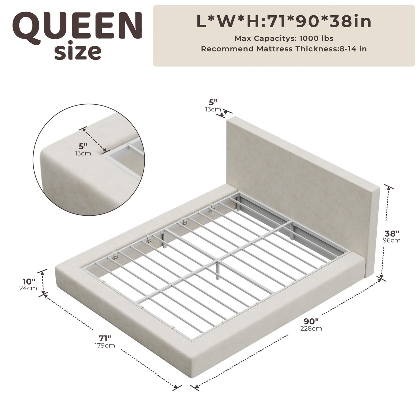 RECCI AirFrame Queen Bed Frame with Headboard, Cloud Upholstered Platform Bed Frame, 5 Inch Foam Cushioned, No Box Spring, Easy Assembly(Beige Chenille)