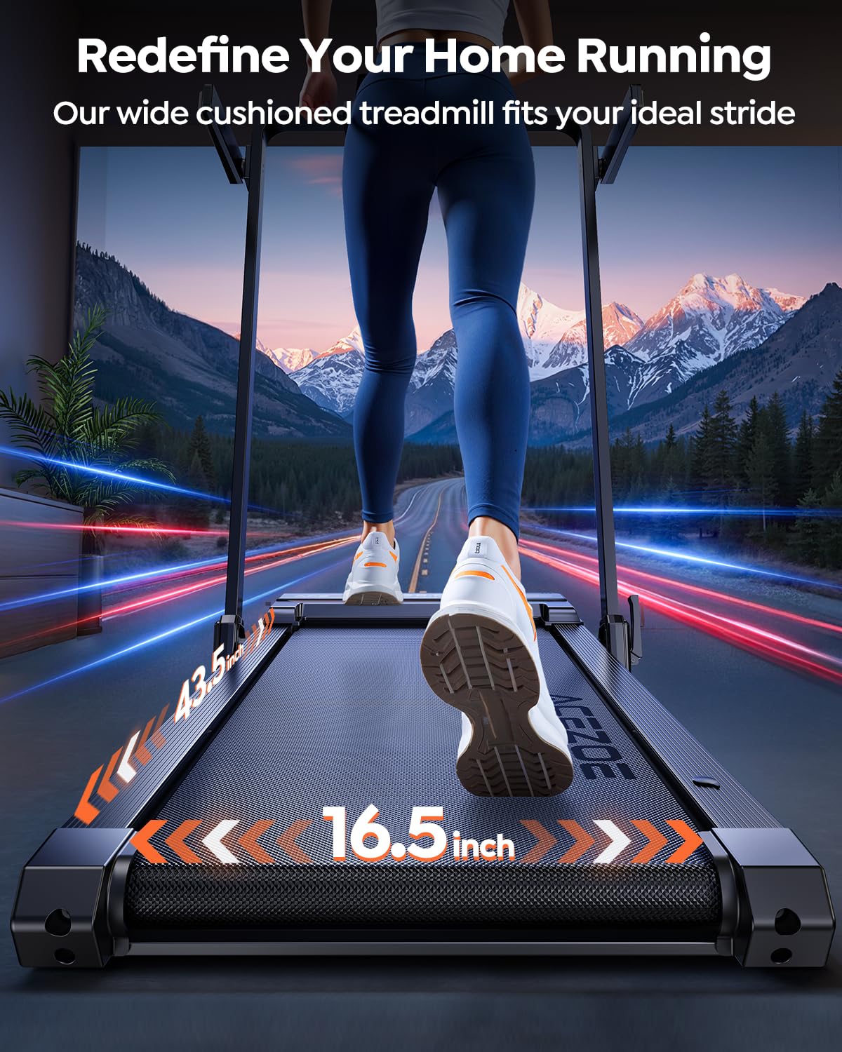 Foldable Walking Pad with 0-15% 9-Levels Auto Incline and Handle Bar, Under Desk Treadmill with 300LBS Weight Capacity, 3.0HP Quiet Treadmills for Home with Speaker, APP & Remote Control - Blue Orange