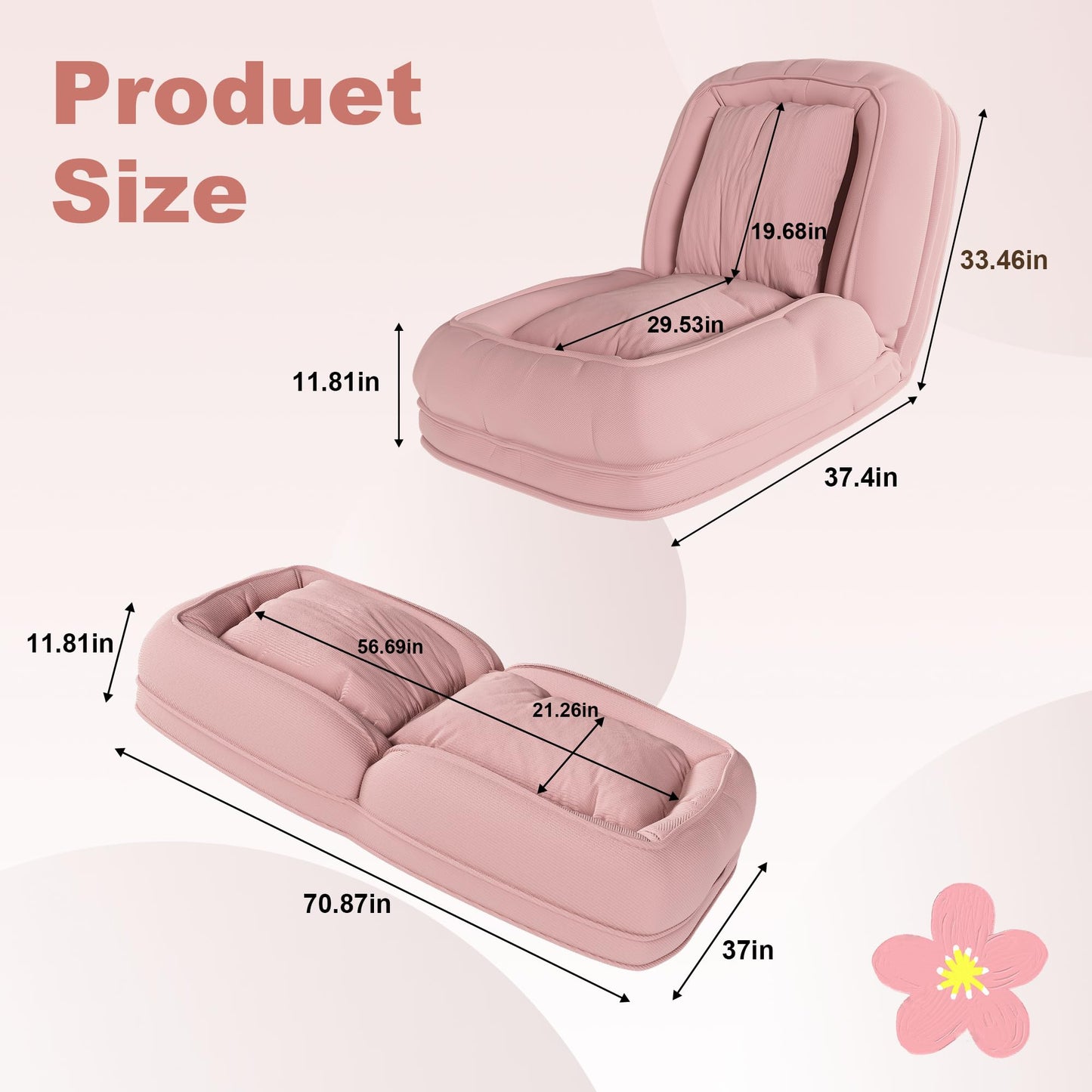 KEIKI 71" Human Dog Bed for Adults, Giant Plush Floor Sofa Bed with 5 Adjustable Positions & 2 Pillows, Foldable Faux Fur/Corduroy Lounge Bed for Relaxing, Gaming, Napping, Living Room Bedroom, Pink