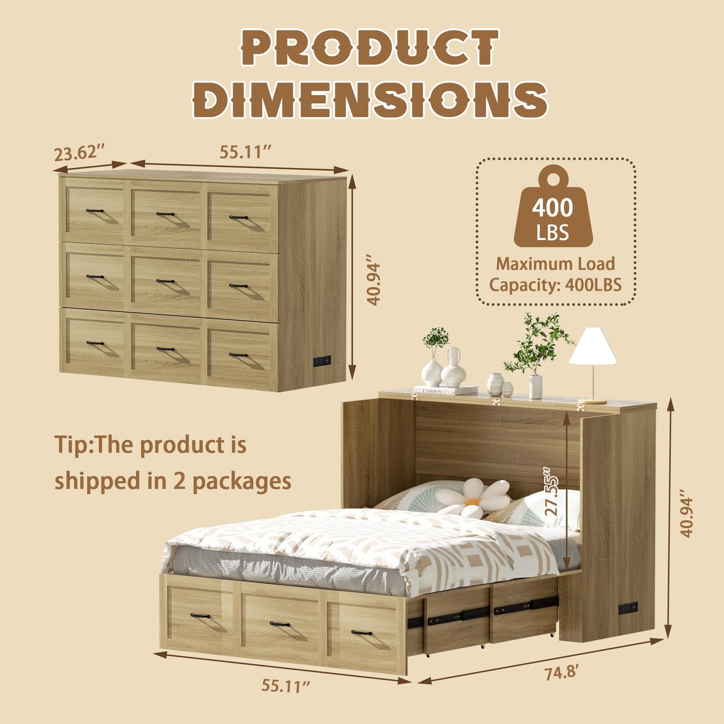 QUNTTINA Full Size Murphy Bed Wood Wall Bed Cabinet with Large Drawer Space-Saving Hidden Foldable Platform Bed Chest Mobile Cabinet Bed Frame Storage Cabinet with USB Ports for Bedroom, Guest Room
