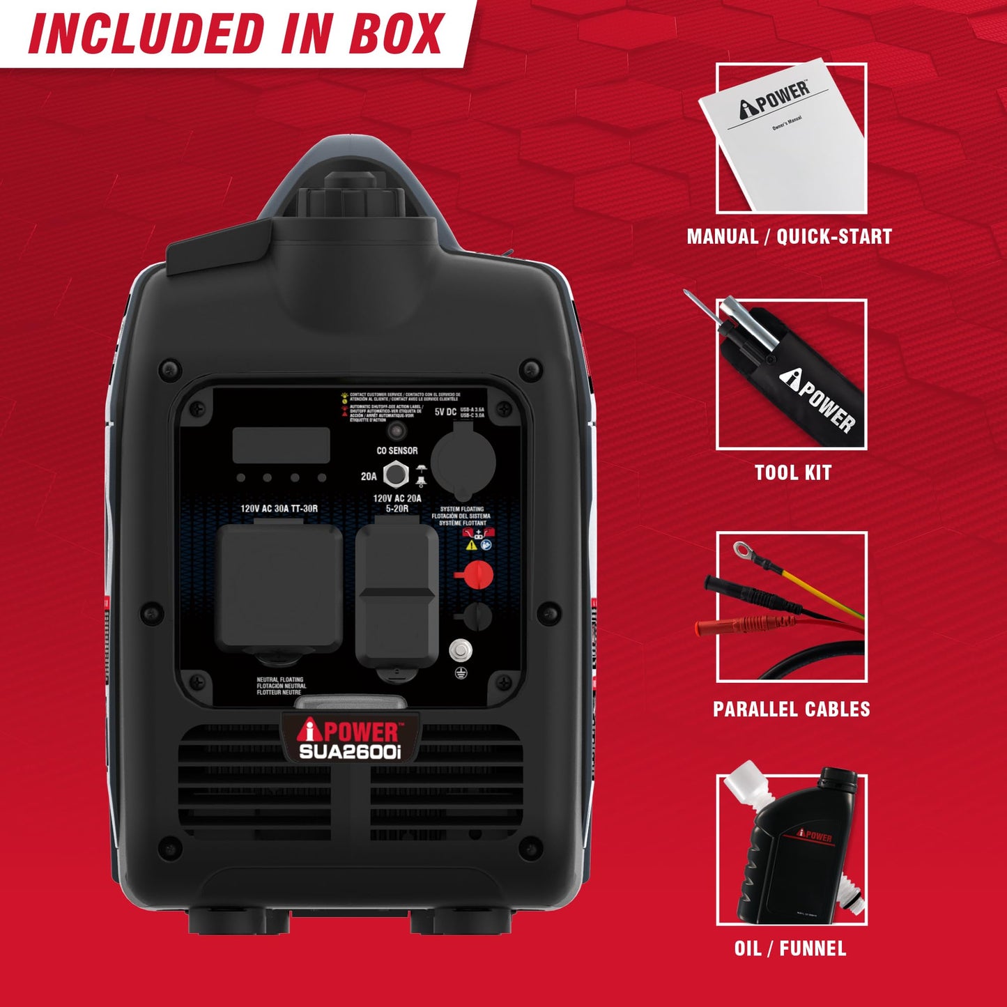 A-iPower Quiet Inverter Generator, 2600W RV Ready, EPA & CARB Compliant CO Sensor, Portable Ultra-Light Weight For Backup Home Use, Tailgating & Camping (SUA2600i)