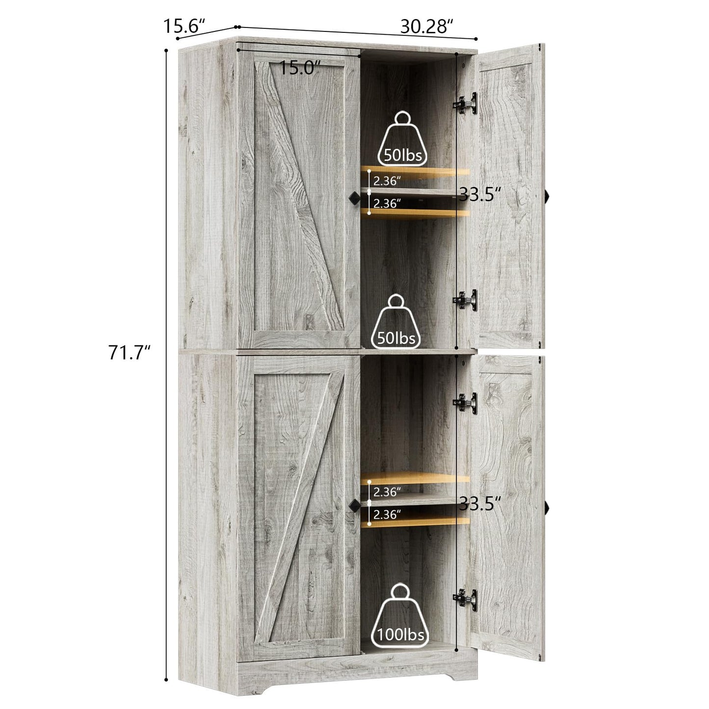 LYNSOM Farmhouse Storage Cabinet 72" Tall, Kitchen Pantry Cabinet with 4 Barn Doors and Adjustable Shelves, Freestanding Storage Cabinets for Kitchen, Grey