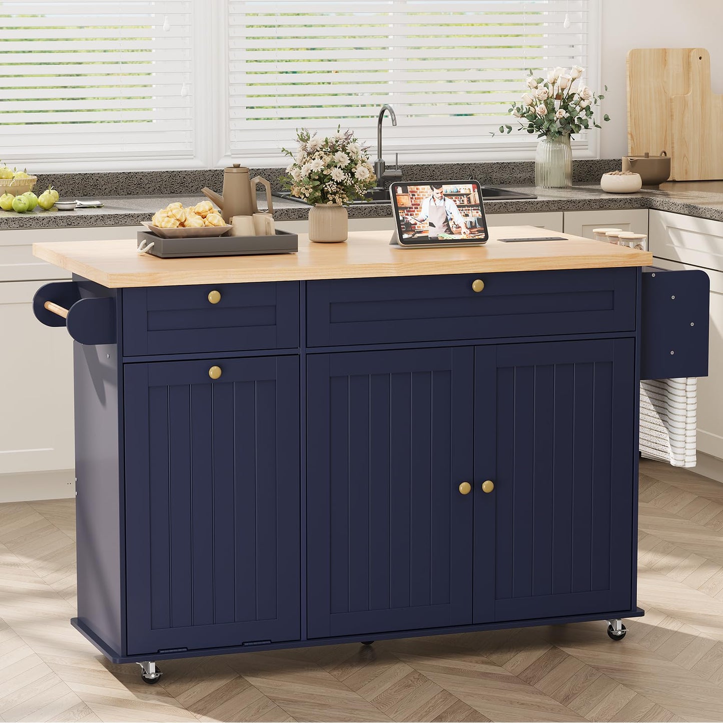 ComfyCorner 60" Rolling Large Kitchen Island on Wheels with Extendable Table, Drop Leaf & Power Outlet, Mobile Kitchen Cart with Storage Cabinet, 2 Drawers, Spice Rack, Towel & Knife Holder, Blue