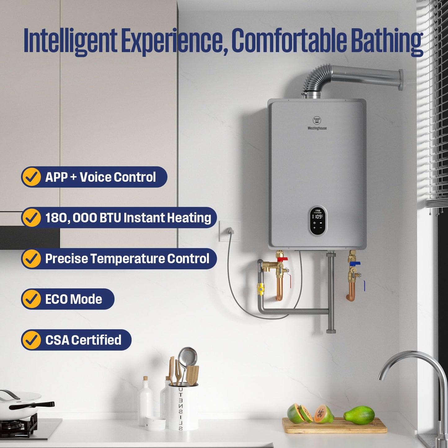 Westinghouse Smart Tankless Water Heater Gas Indoor, 7.9 GPM 180,000 BTU Whole Home Natural Gas Heater, WiFi App Control, ±1°F Temperature Stability, Non-Condensing for 3-5 Fixtures