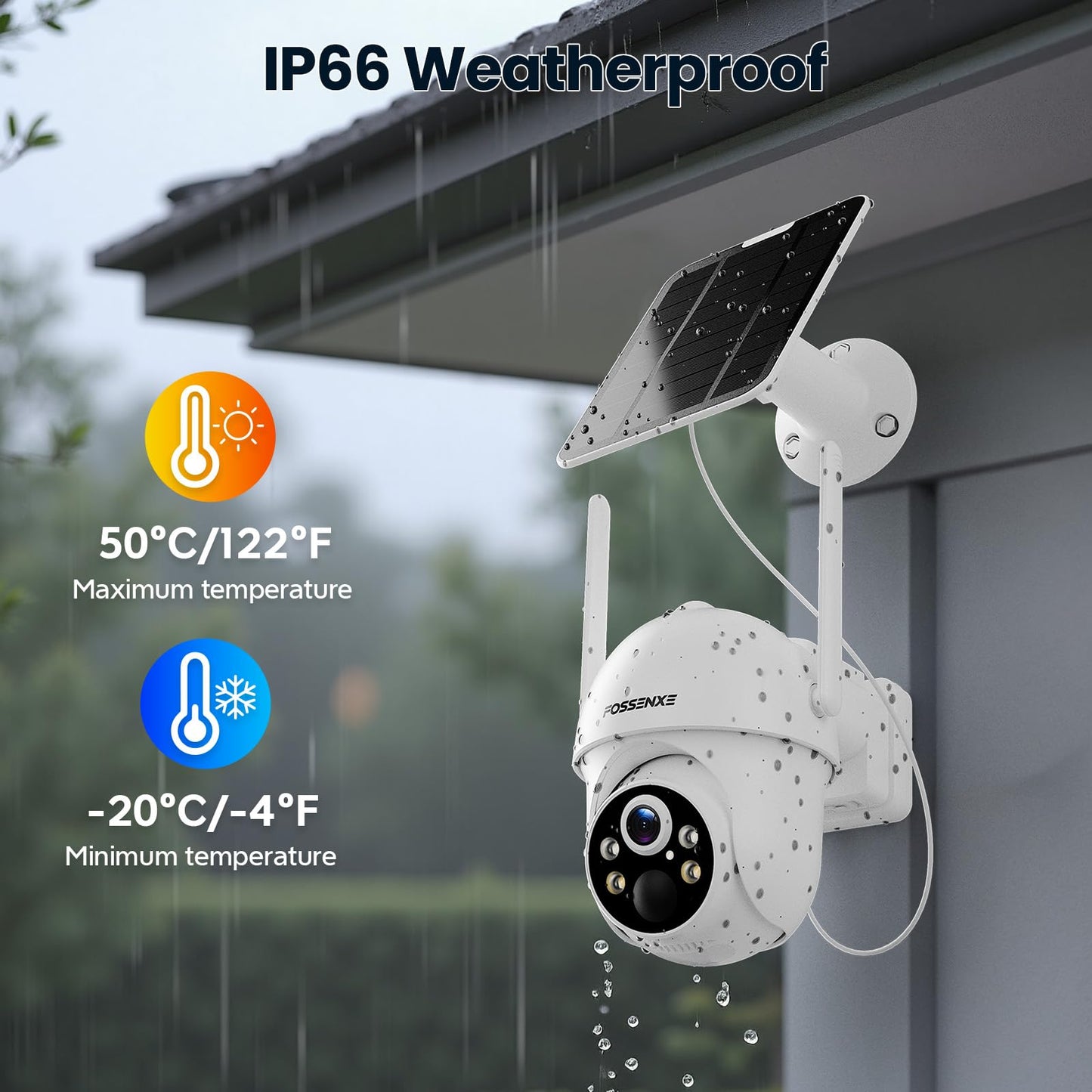 FOSSENXE Solar Security Cameras Wireless Outdoor, WiFi, 2K, 360° Coverage, Color Night Vision, Human Detection, 64GB Local Storage, No Monthly Fees, Easy Setup, IP66 Weatherproof, 4-Camera System
