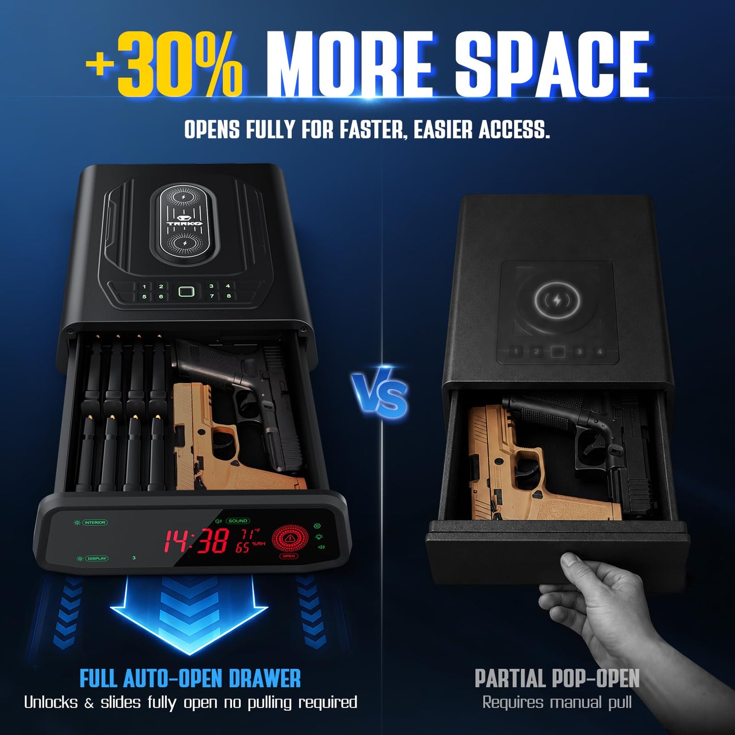 TRRKO Biometric Gun Safe for Handgun | 0.3S Auto-Open Quick Access Pistol Safe with Fingerprint & Wireless Charger, Smart LED Display, Handgun Safe for Nightstand/Bedside/Home, Gift for Gun Owners