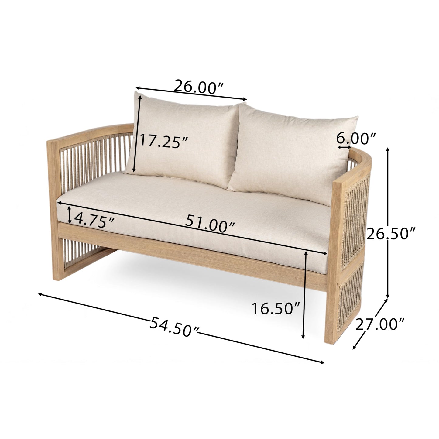 Christopher Knight Home Delbert Acacia Wood 4 Piece Patio Furniture Set, Wooden Patio Conversation Set with Club Chair+Coffee Table, 4-Seater Outdoor Loveseat Sofa Chair and Table Set, Natural+Beige