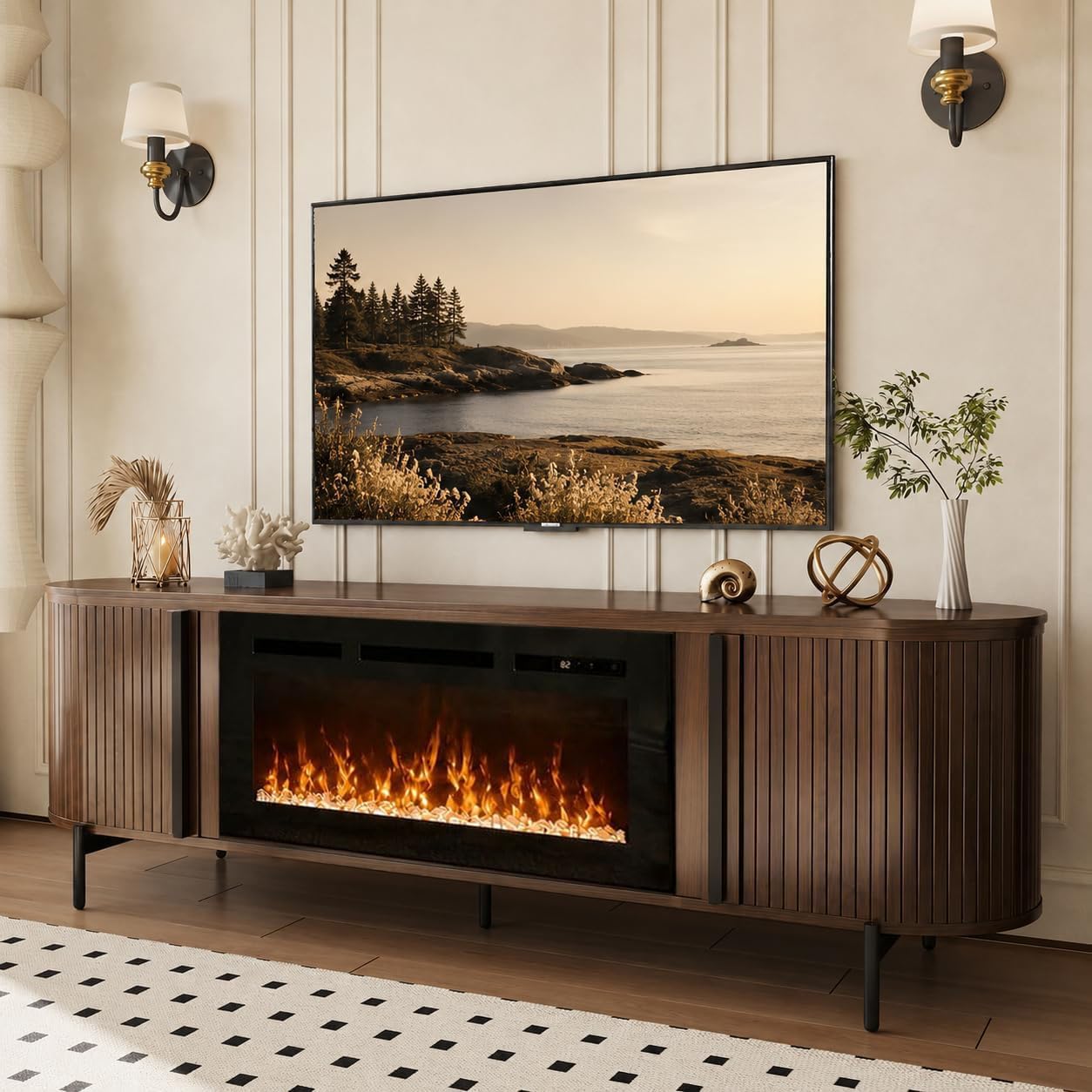 Nordivale Luxury 70" Fluted TV Stand with Fireplace, Modern Chic Entertainment Center for TVs Up to 80", TV Console for Living Room, Media Cabinet with Storage,70 Inch, Walnut