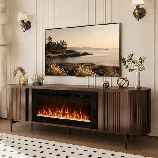 Nordivale Luxury 70" Fluted TV Stand with Fireplace, Modern Chic Entertainment Center for TVs Up to 80", TV Console for Living Room, Media Cabinet with Storage,70 Inch, Walnut