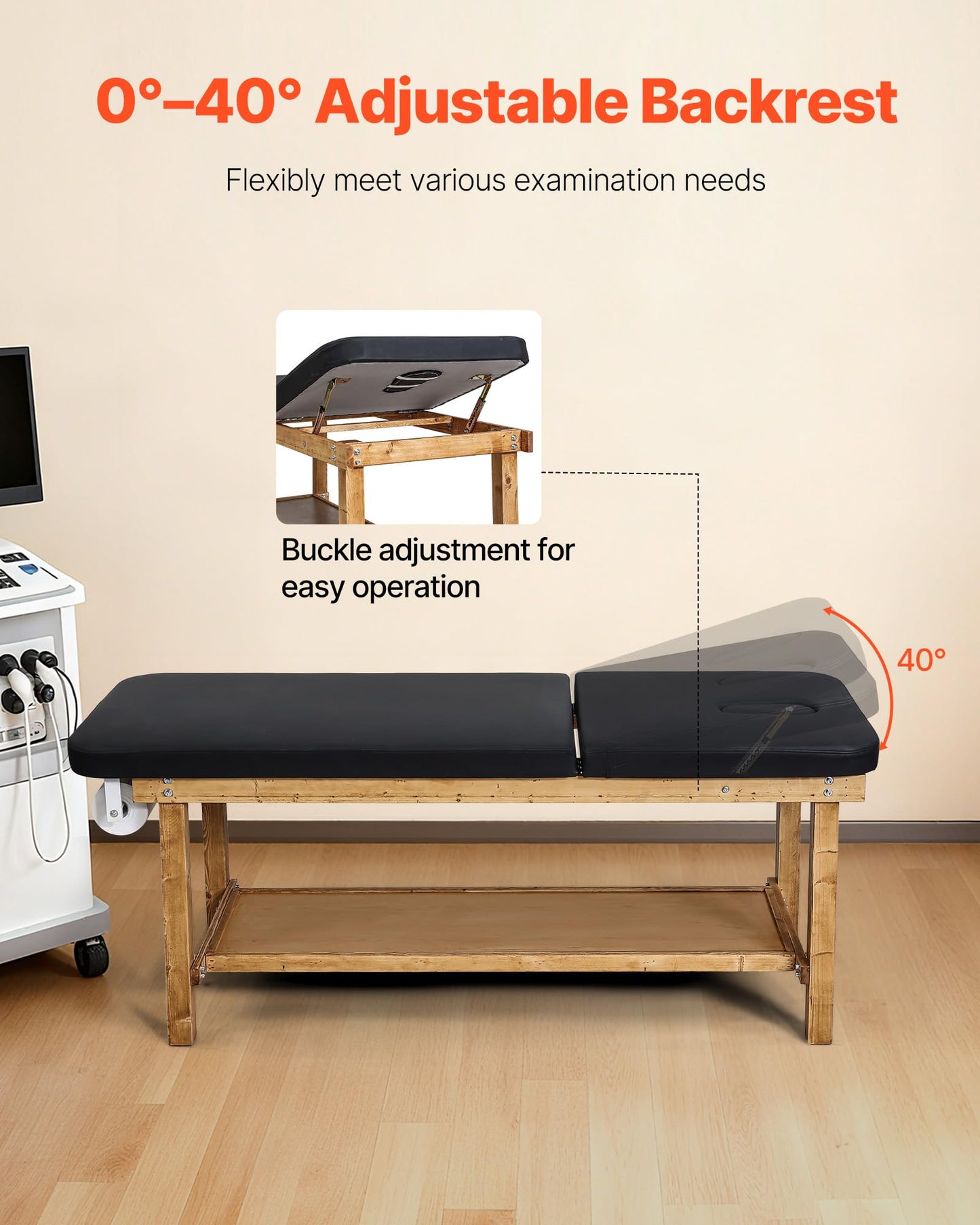 VEVOR Medical Exam Table, Wooden Framed Medical Examination Bed, Physical Therapy Exam Table with Adjustable Backrest, Storage Shelf & Paper Roll Dispenser for Hospitals Clinics Rehab Centers, 500LBS