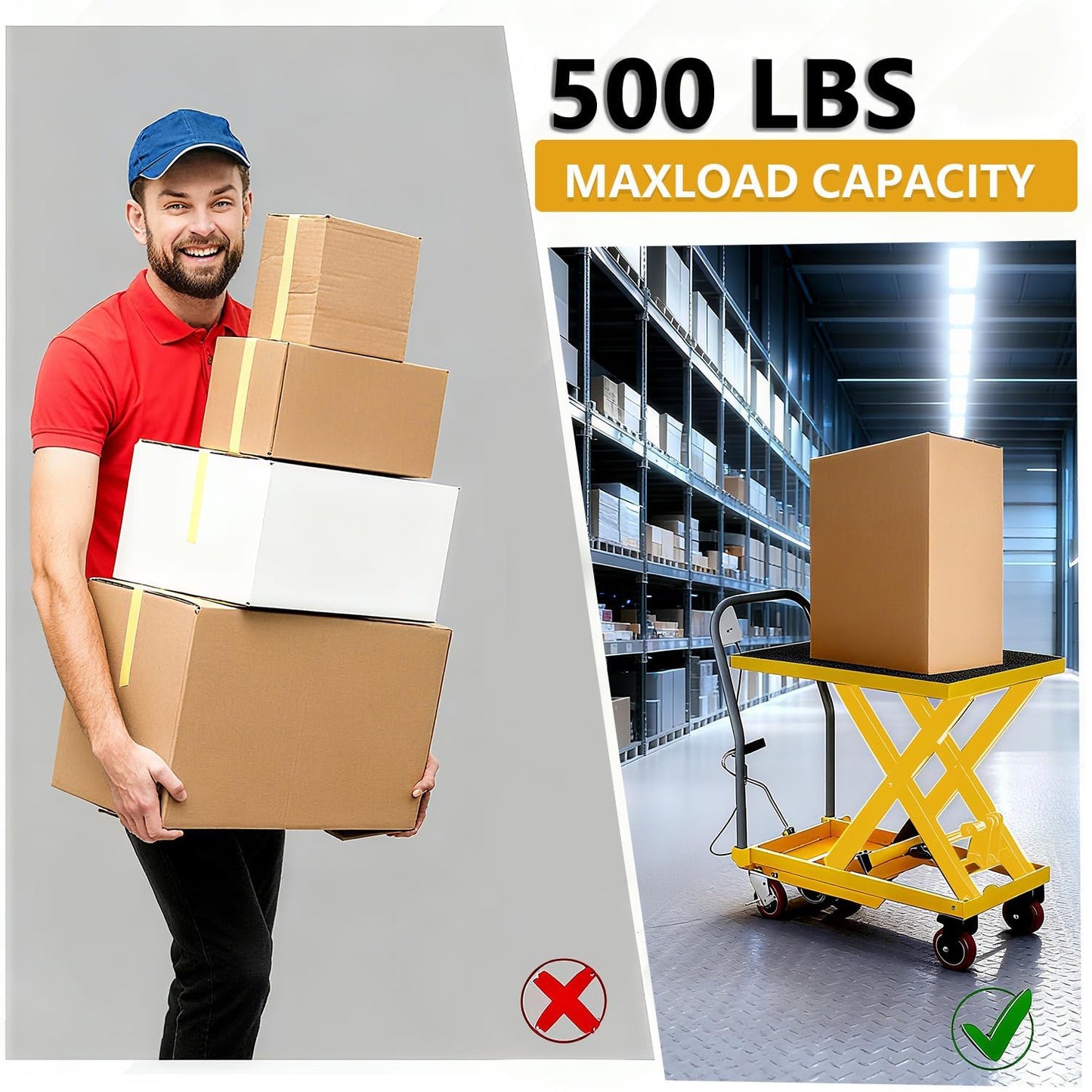 Hydraulic Lift Table Cart - Manual Single Scissor Lift Table, 500 Lbs Capacity & 28.5 Inch Lifting Height, Locking Wheels, Non-Slip Pad for Material Handling and Transportation (Yellow)